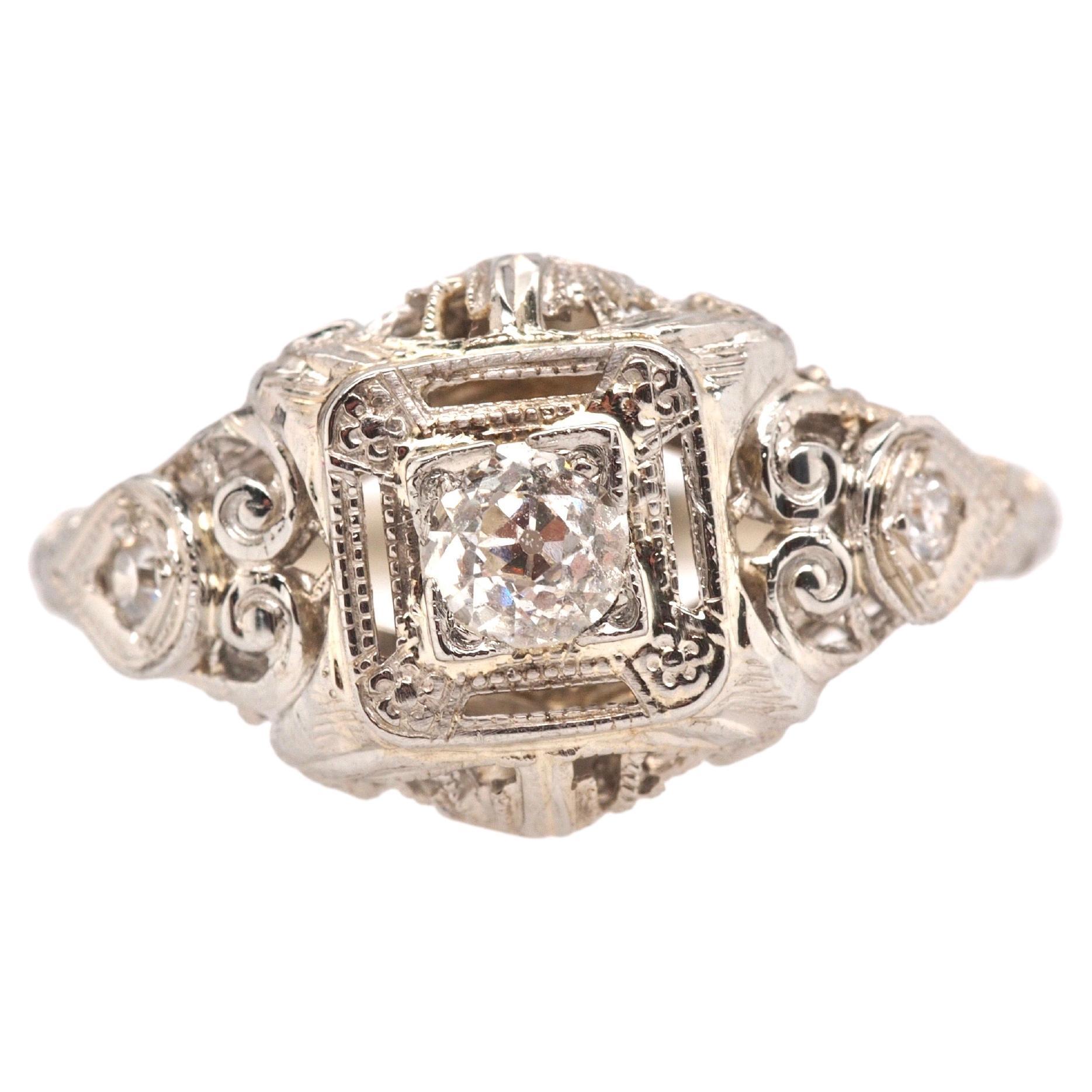 Circa 1930s 18K White Gold Old European Cut Brilliant Diamond Engagement Ring