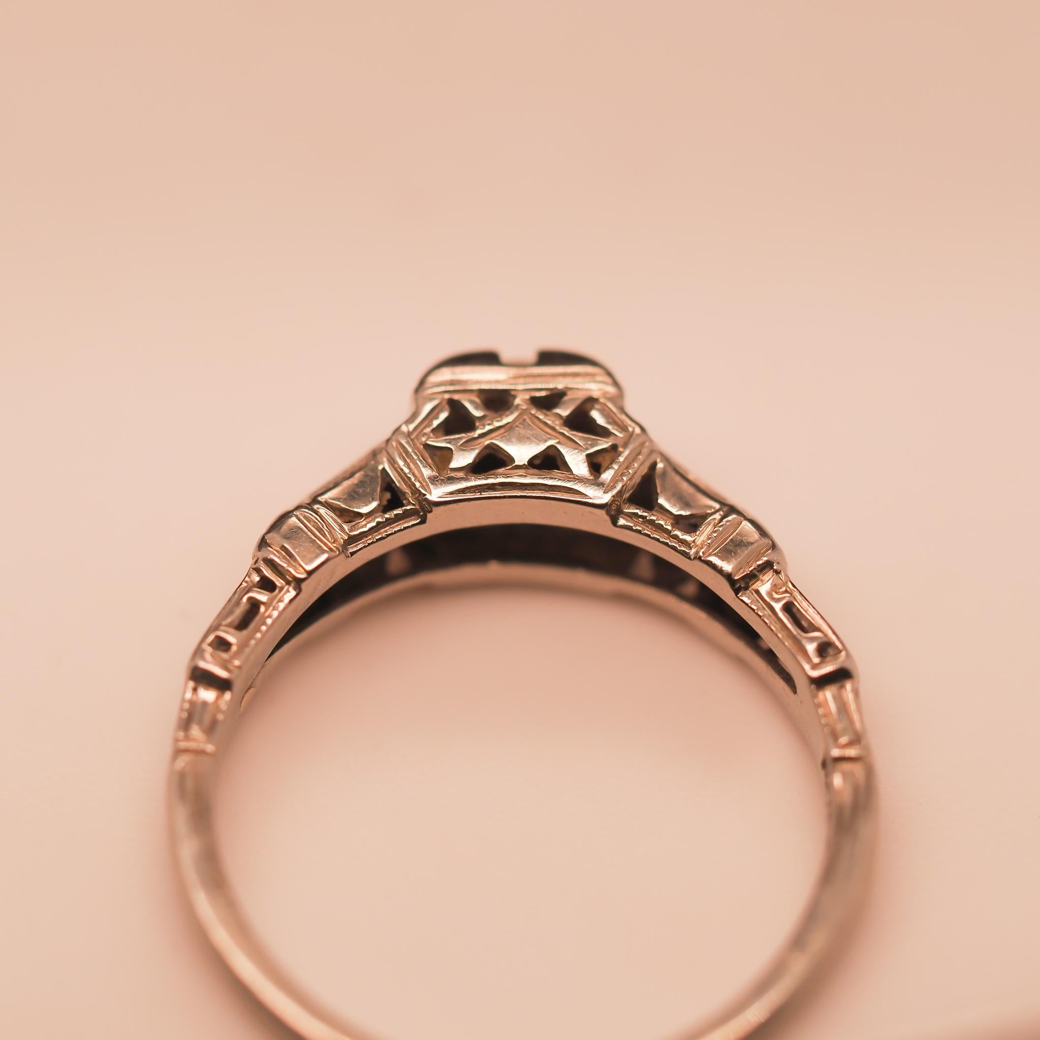 Old European Cut Circa 1930s 18K White Gold “Romance” Diamond Filigree Ring For Sale