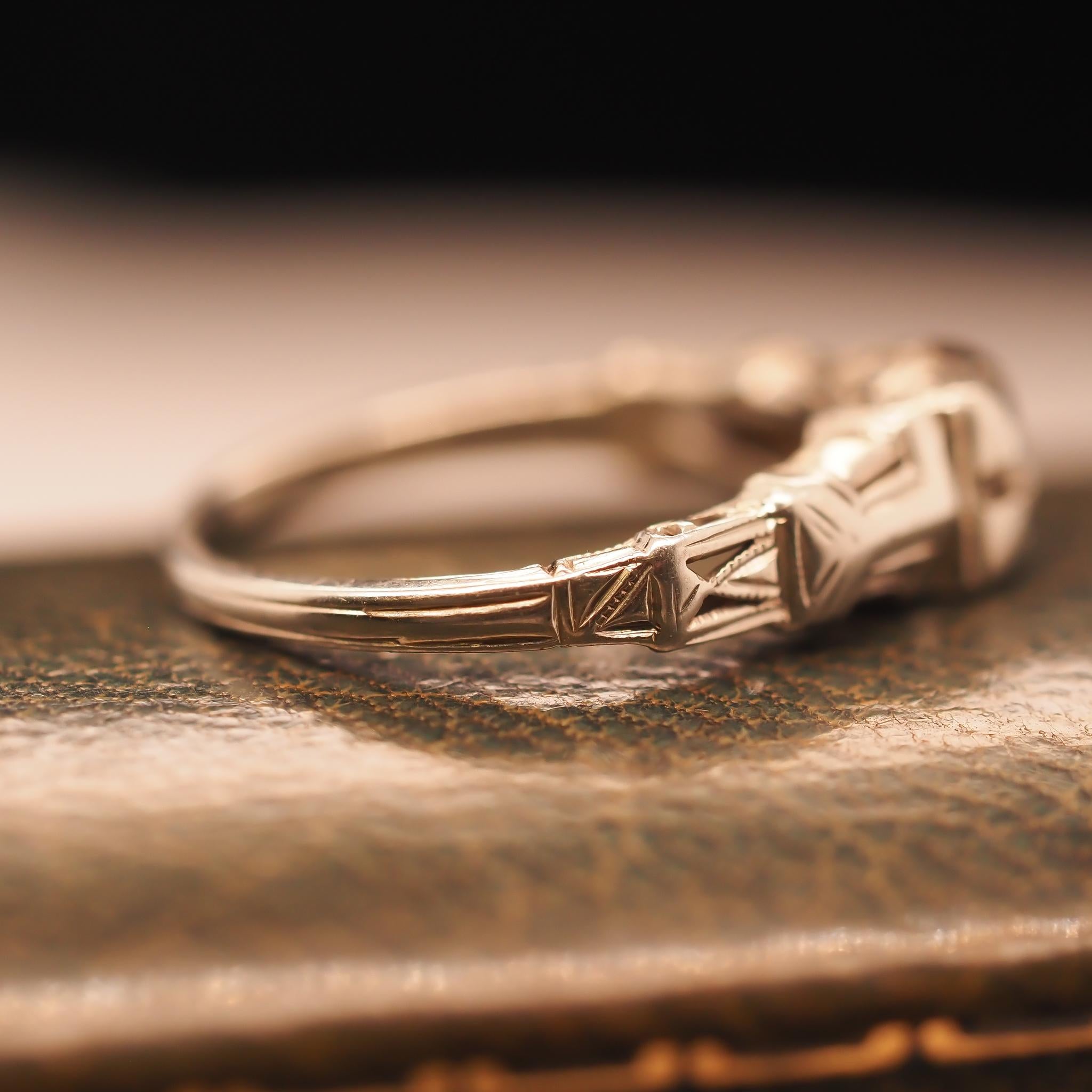 Women's Circa 1930s 18K White Gold “Romance” Diamond Filigree Ring For Sale