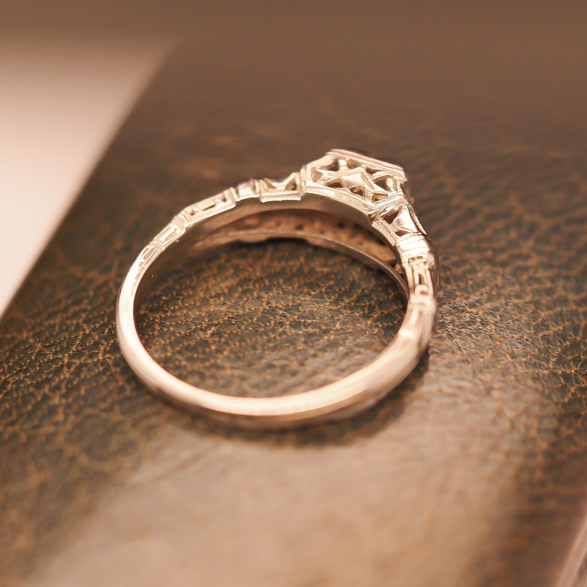 Circa 1930s 18K White Gold “Romance” Diamond Filigree Ring For Sale 2