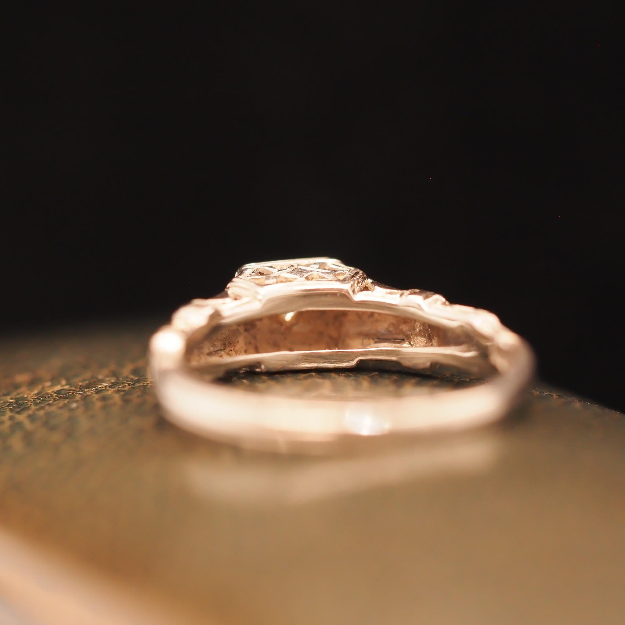 Circa 1930s 18K White Gold “Romance” Diamond Filigree Ring For Sale 3