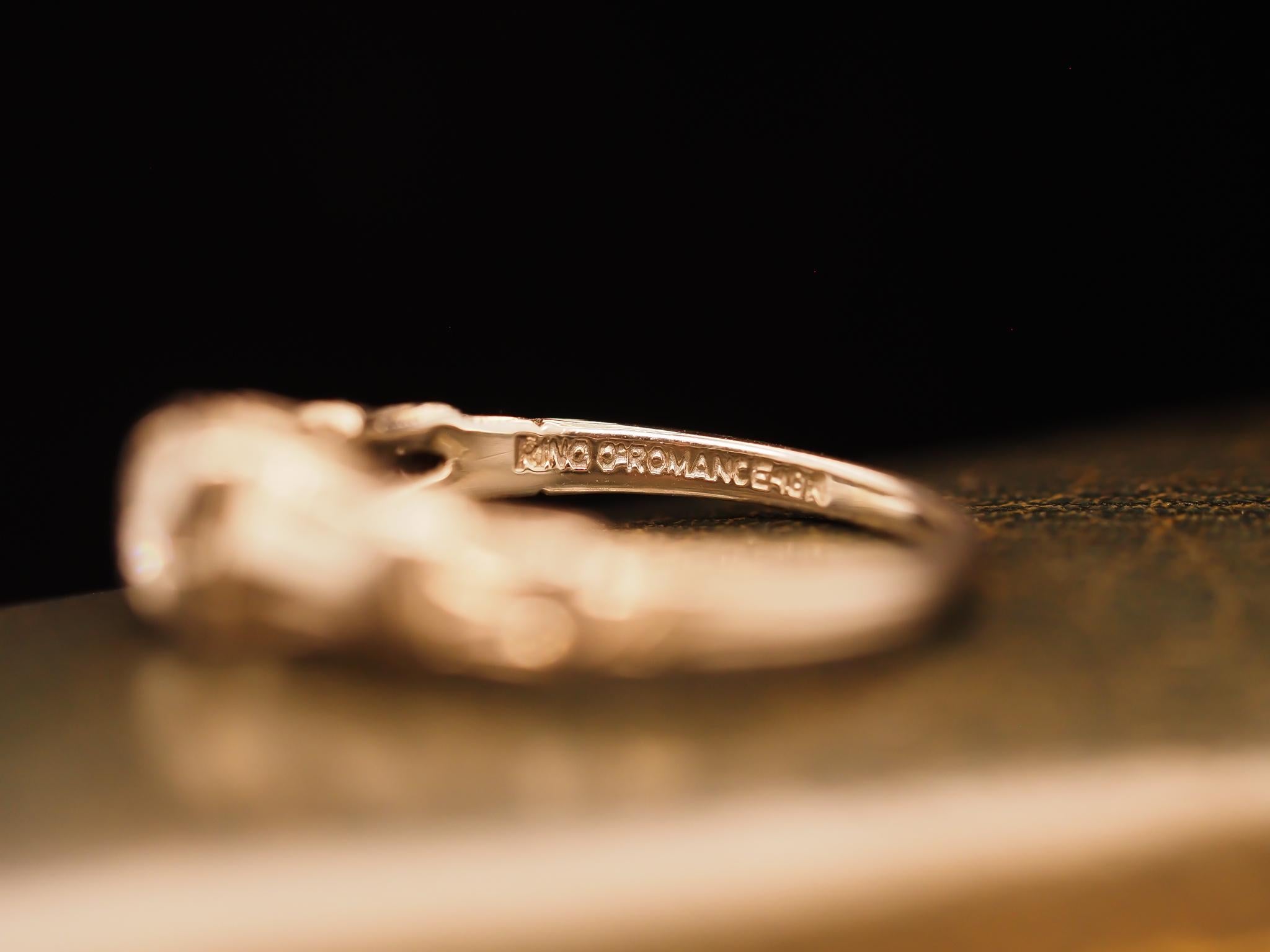 Circa 1930s 18K White Gold “Romance” Diamond Filigree Ring For Sale 4