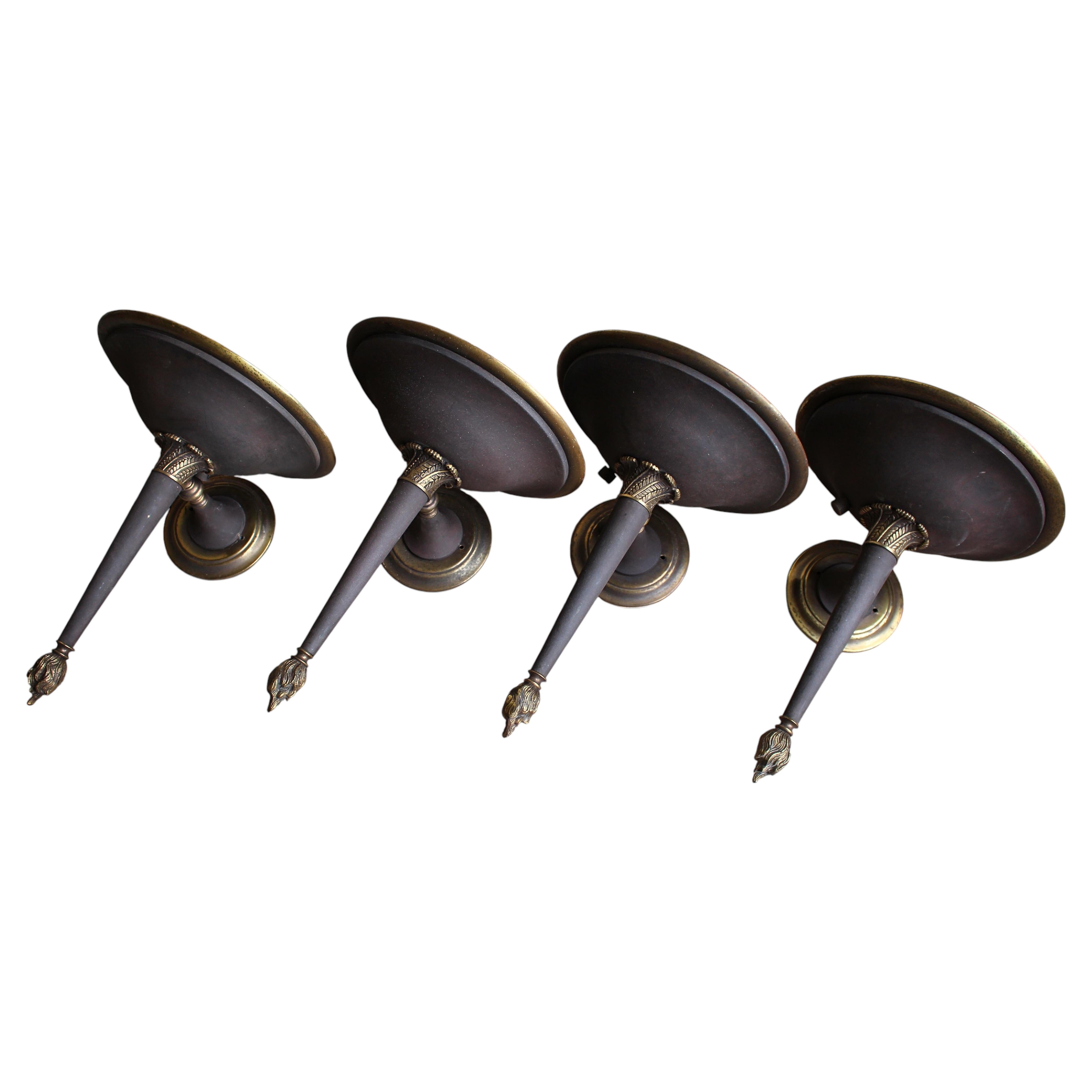 Circa 1930's 4 Regency Art Deco Style Toleware & Brass Wall Sconces Up Lighters For Sale