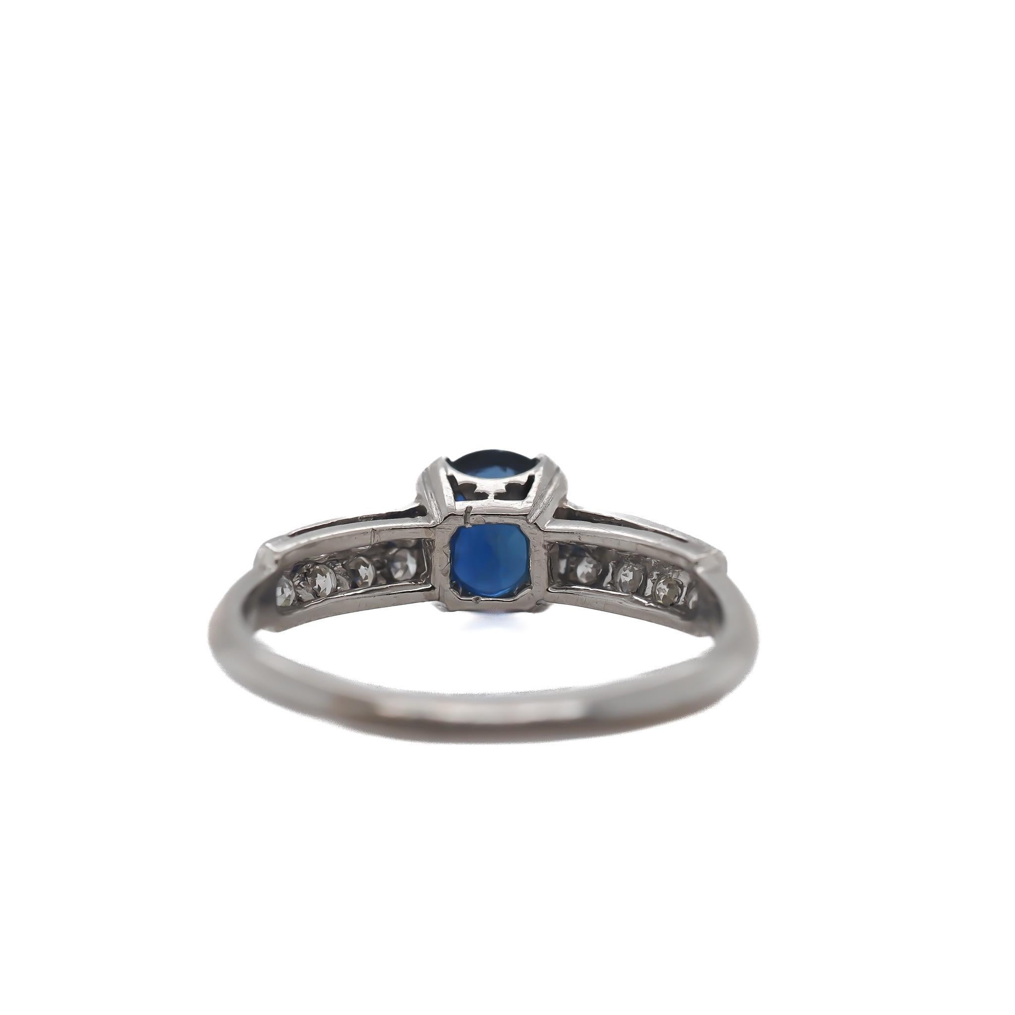 Antique Cushion Cut Circa 1930s AGL Certified Burma Unheated Sapphire and Diamond Engagement Ring For Sale