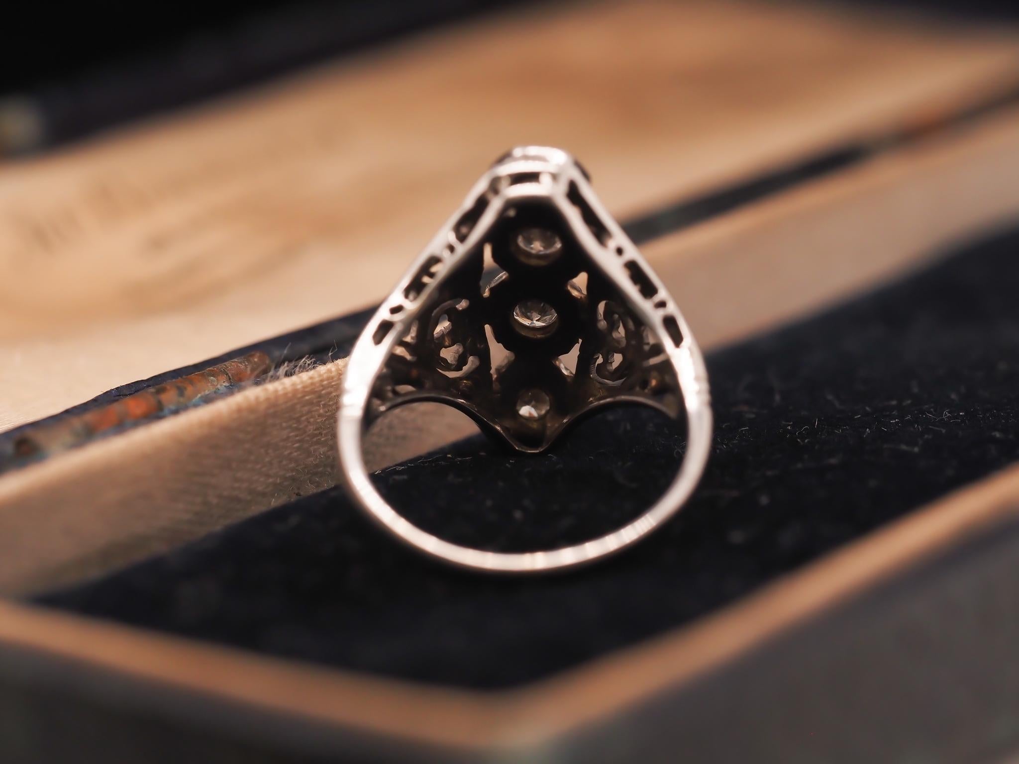 Circa 1930s Art Deco 18K Old European Diamond Shield Ring In Good Condition For Sale In Hicksville, NY