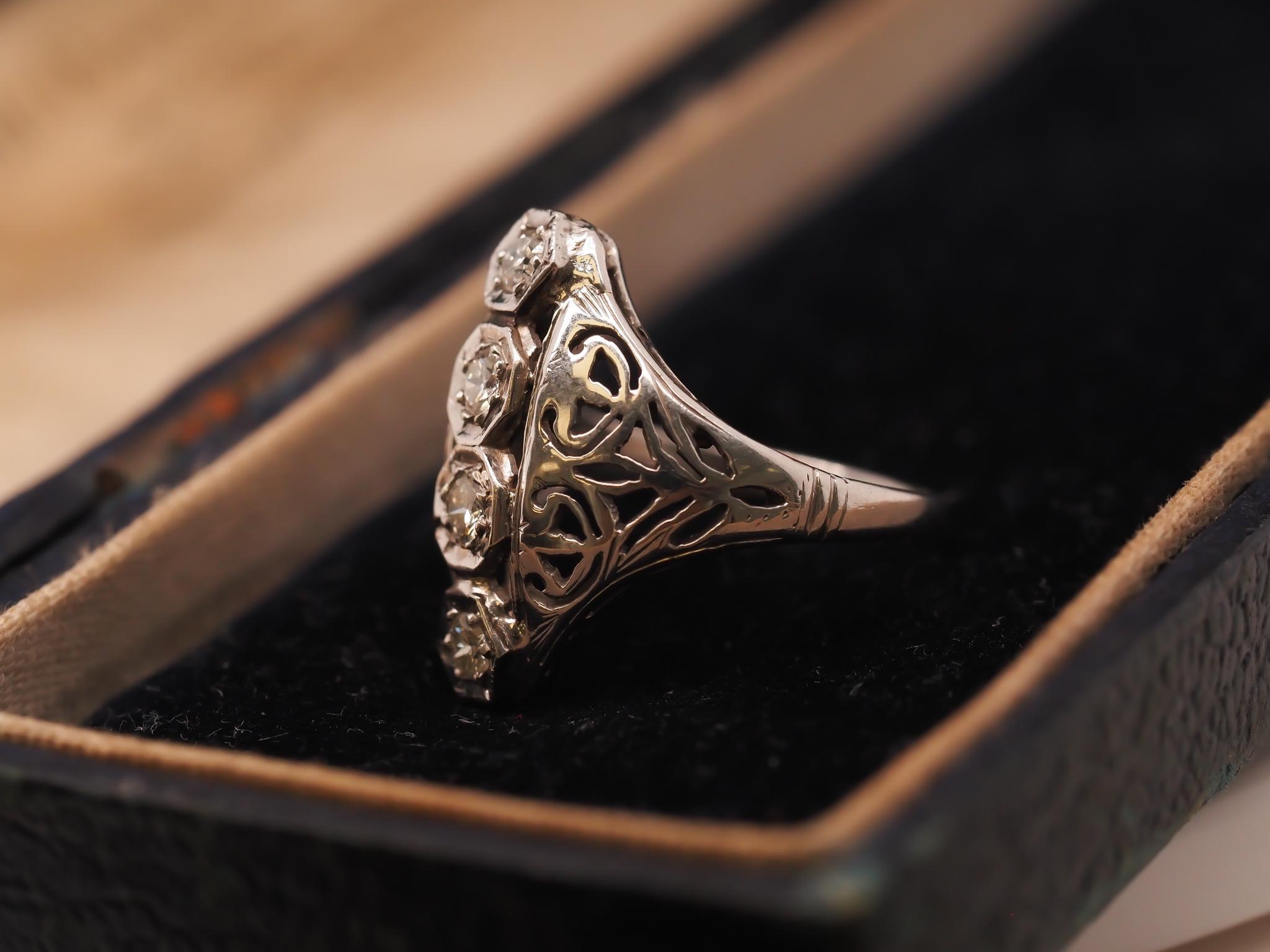 Circa 1930s Art Deco 18K Old European Diamond Shield Ring For Sale 1