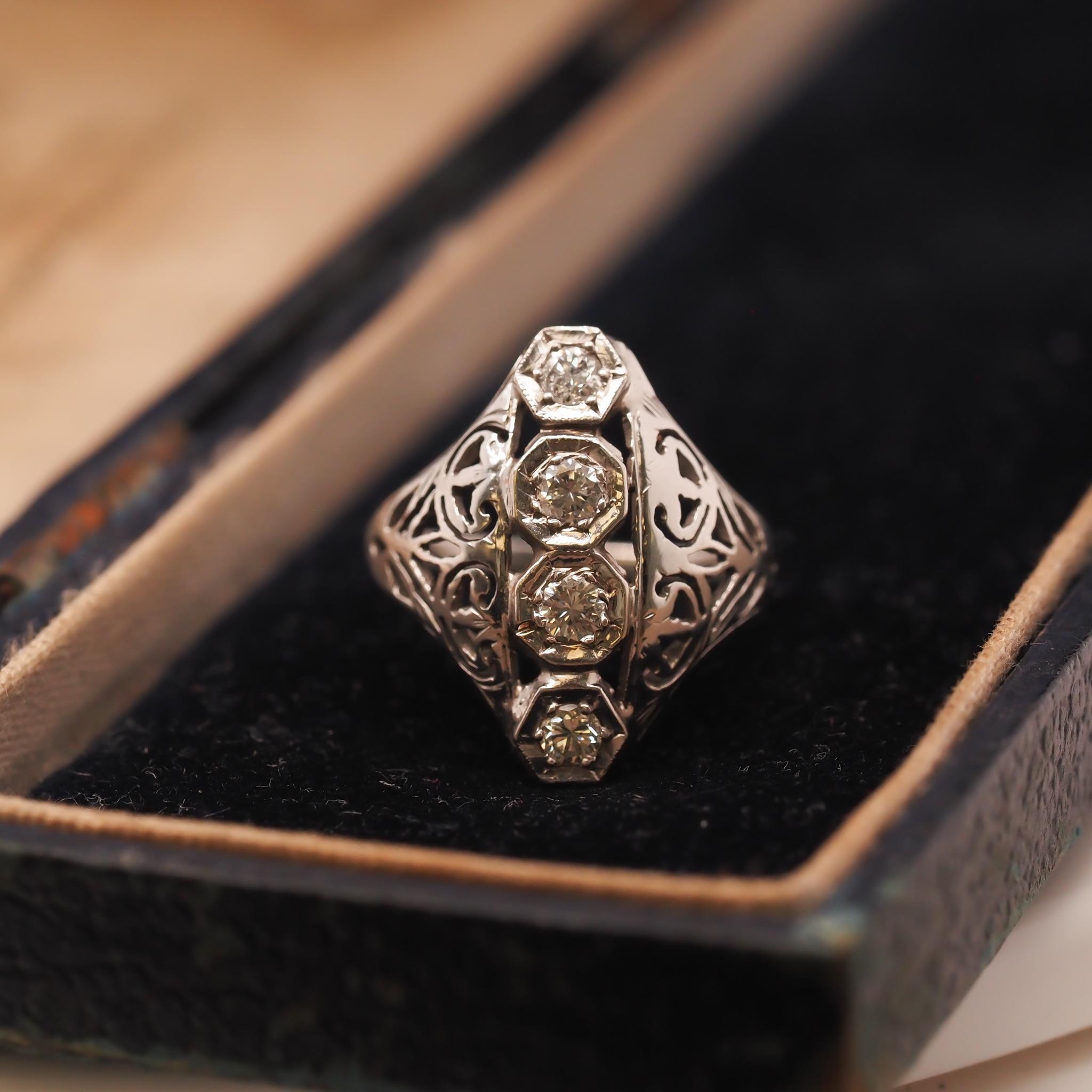 Circa 1930s Art Deco 18K Old European Diamond Shield Ring For Sale 3