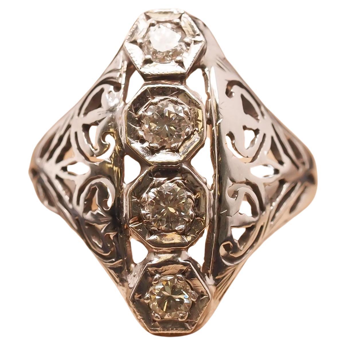 Circa 1930s Art Deco 18K Old European Diamond Shield Ring