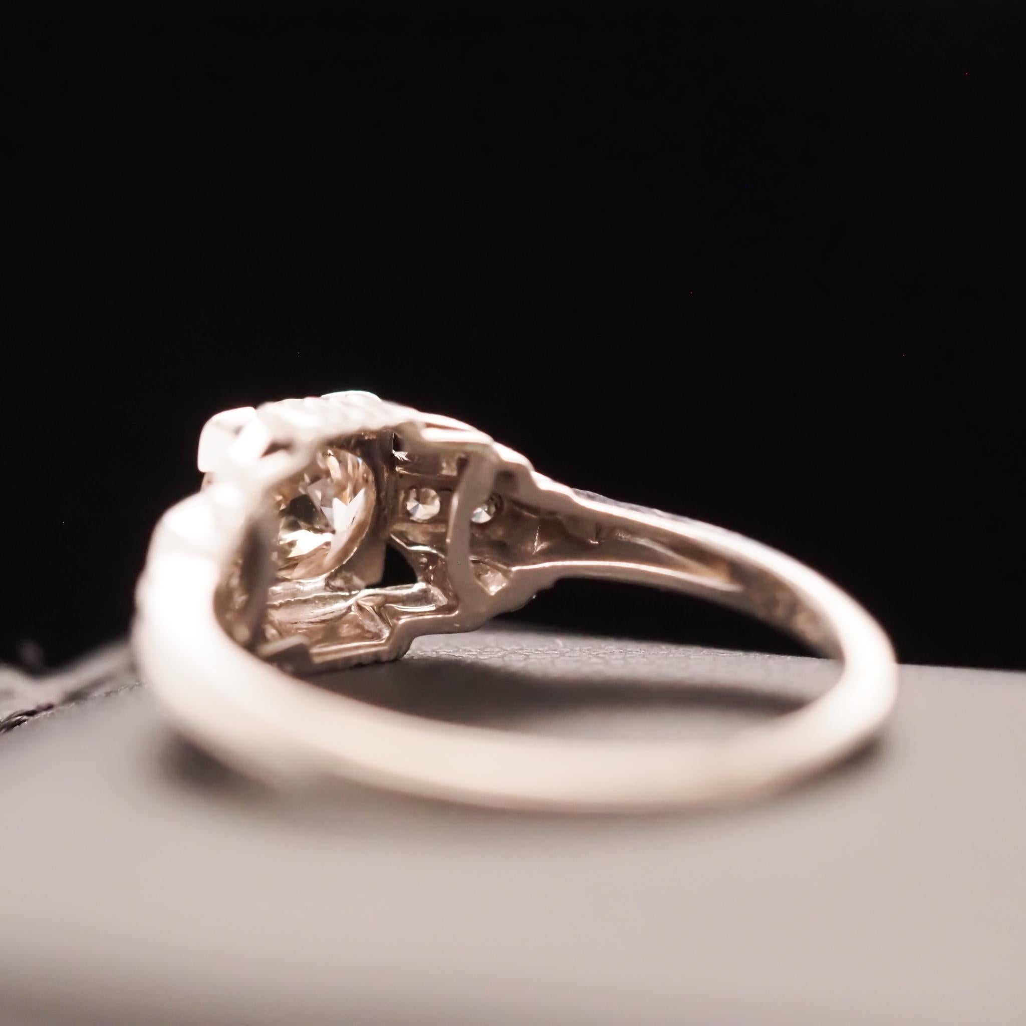 Women's Circa 1930s Art Deco 18K White Gold .70ct Old European Diamond Engagement Ring For Sale