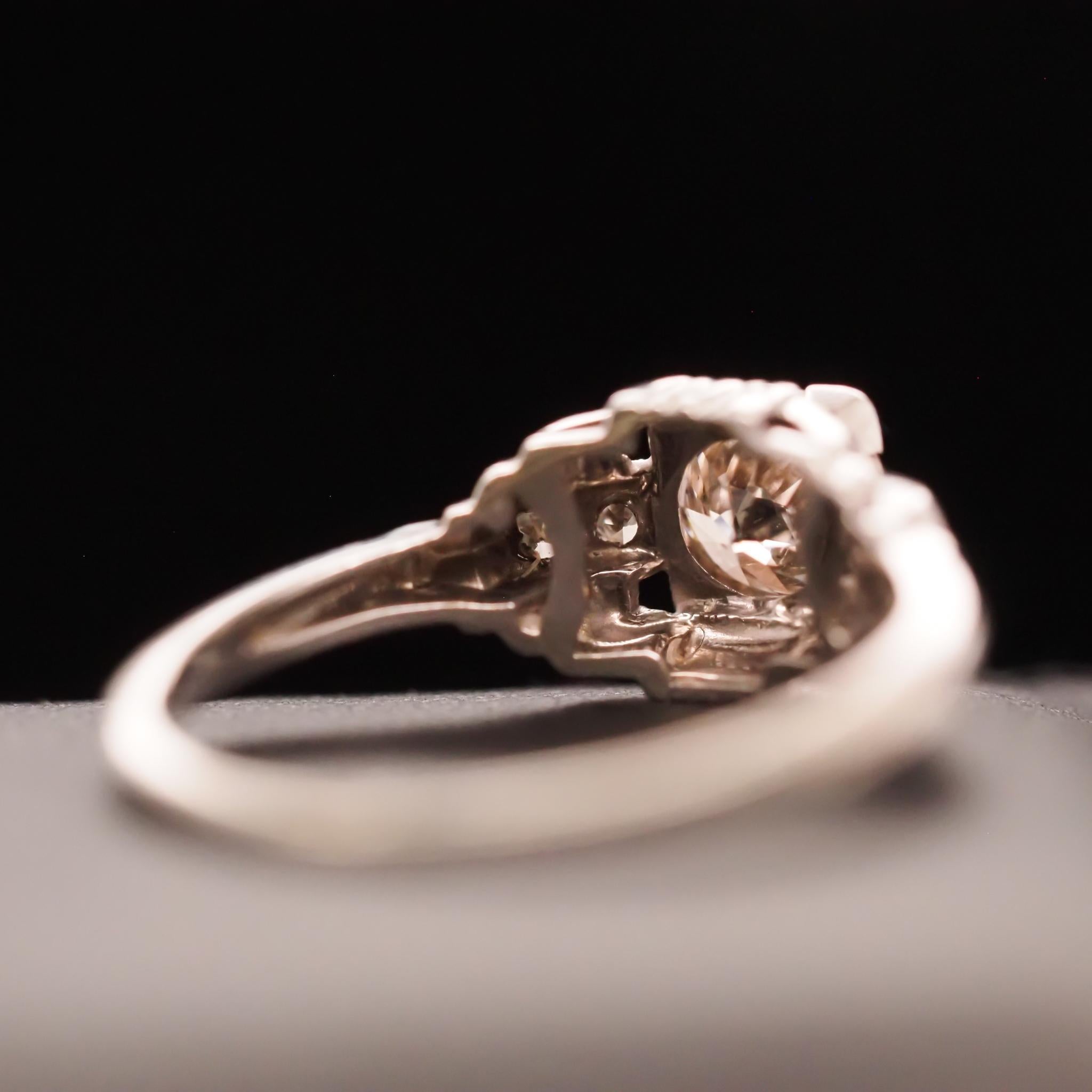 Circa 1930s Art Deco 18K White Gold .70ct Old European Diamond Engagement Ring For Sale 2