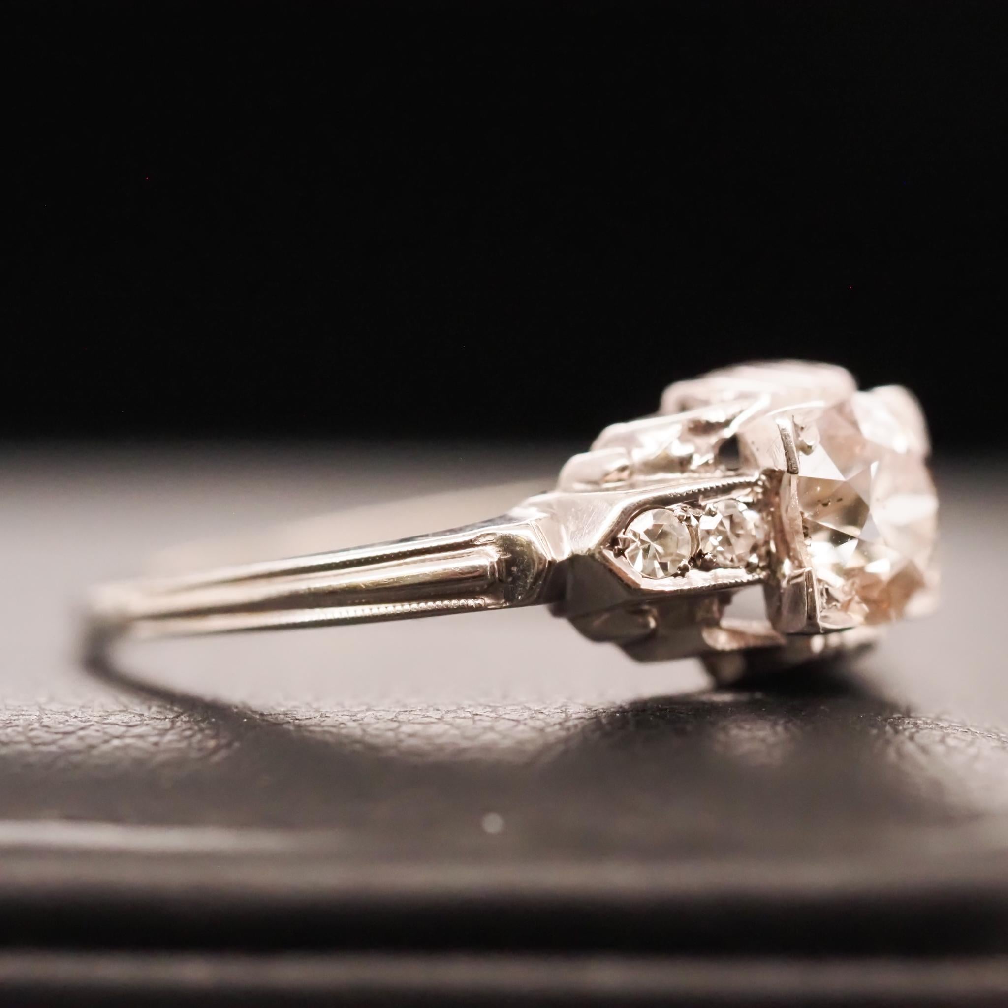 Circa 1930s Art Deco 18K White Gold .70ct Old European Diamond Engagement Ring For Sale 3