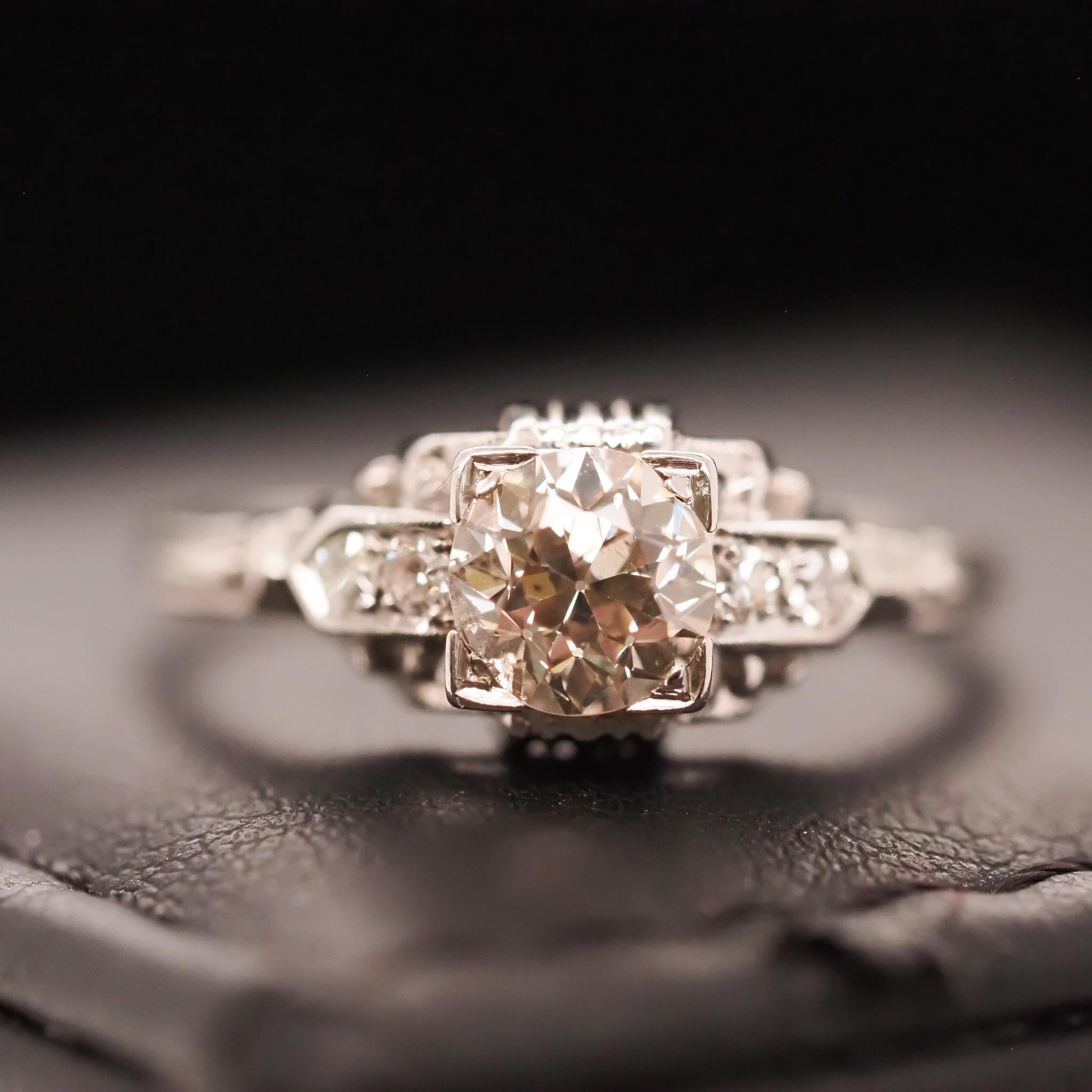 Circa 1930s Art Deco 18K White Gold .70ct Old European Diamond Engagement Ring For Sale 4