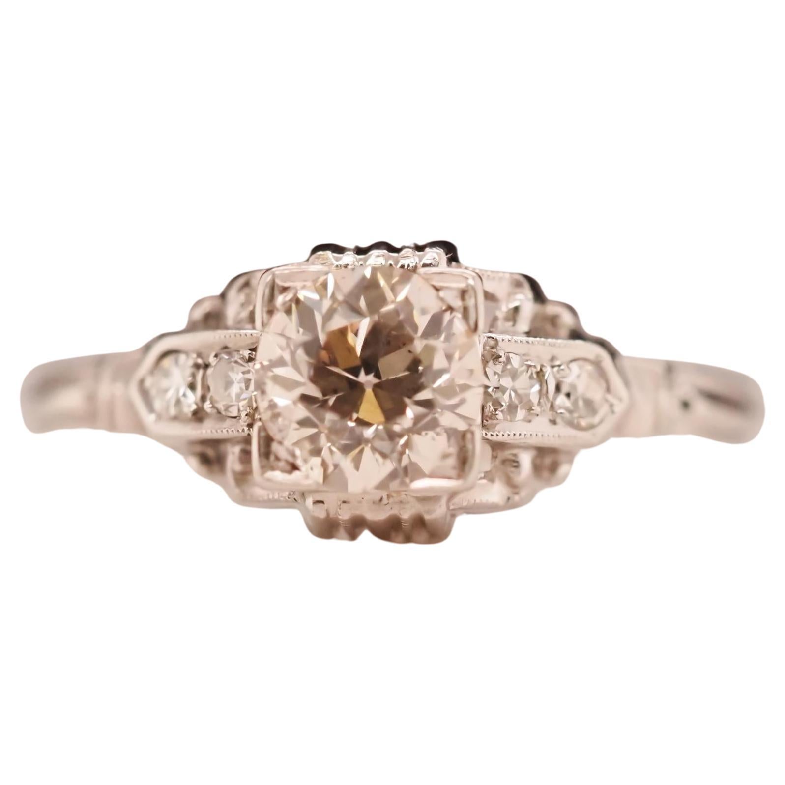 Circa 1930s Art Deco 18K White Gold .70ct Old European Diamond Engagement Ring For Sale