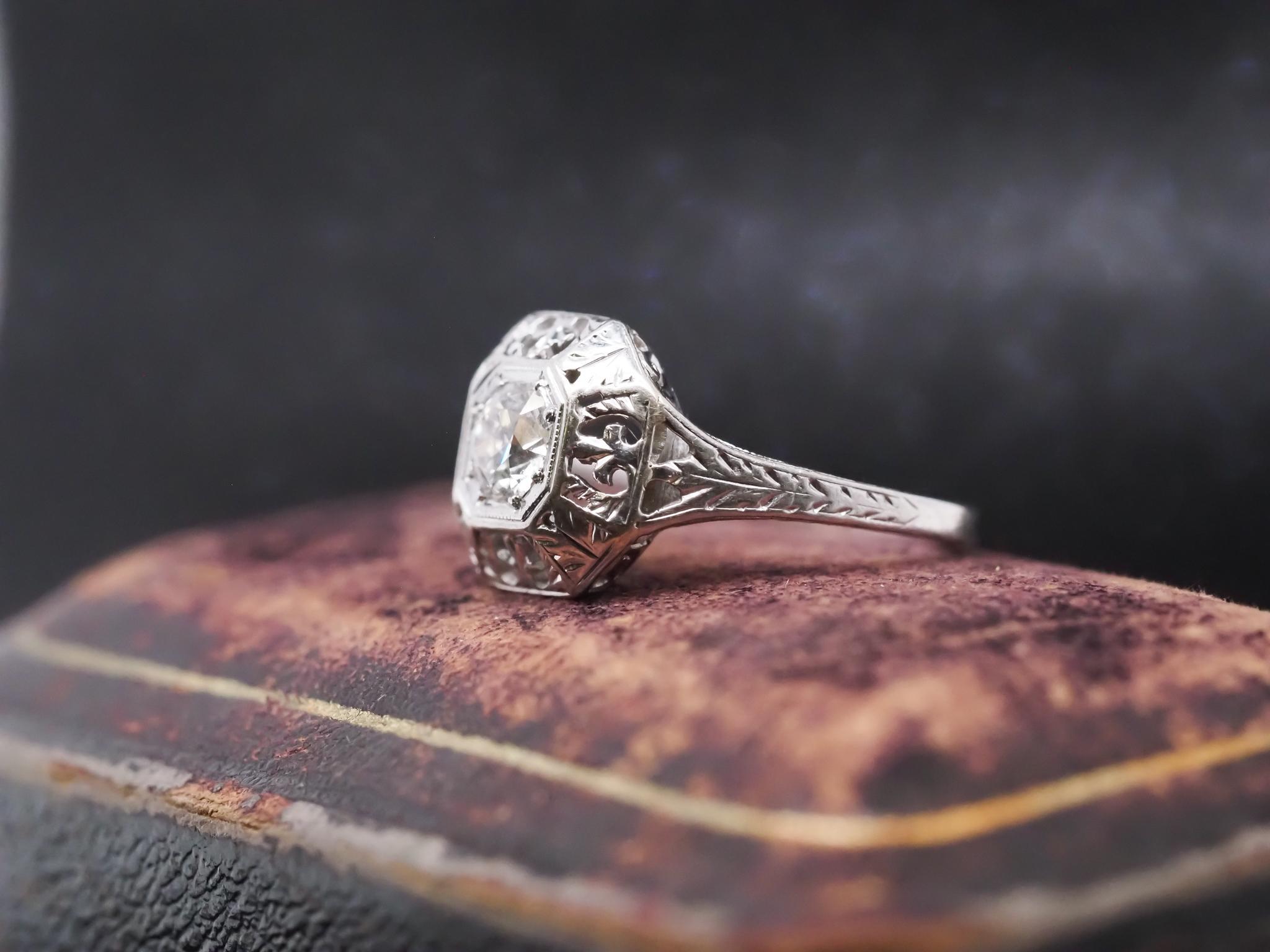 Old European Cut Circa 1930s Art Deco 18K White Gold Old European Diamond Engagement Ring For Sale