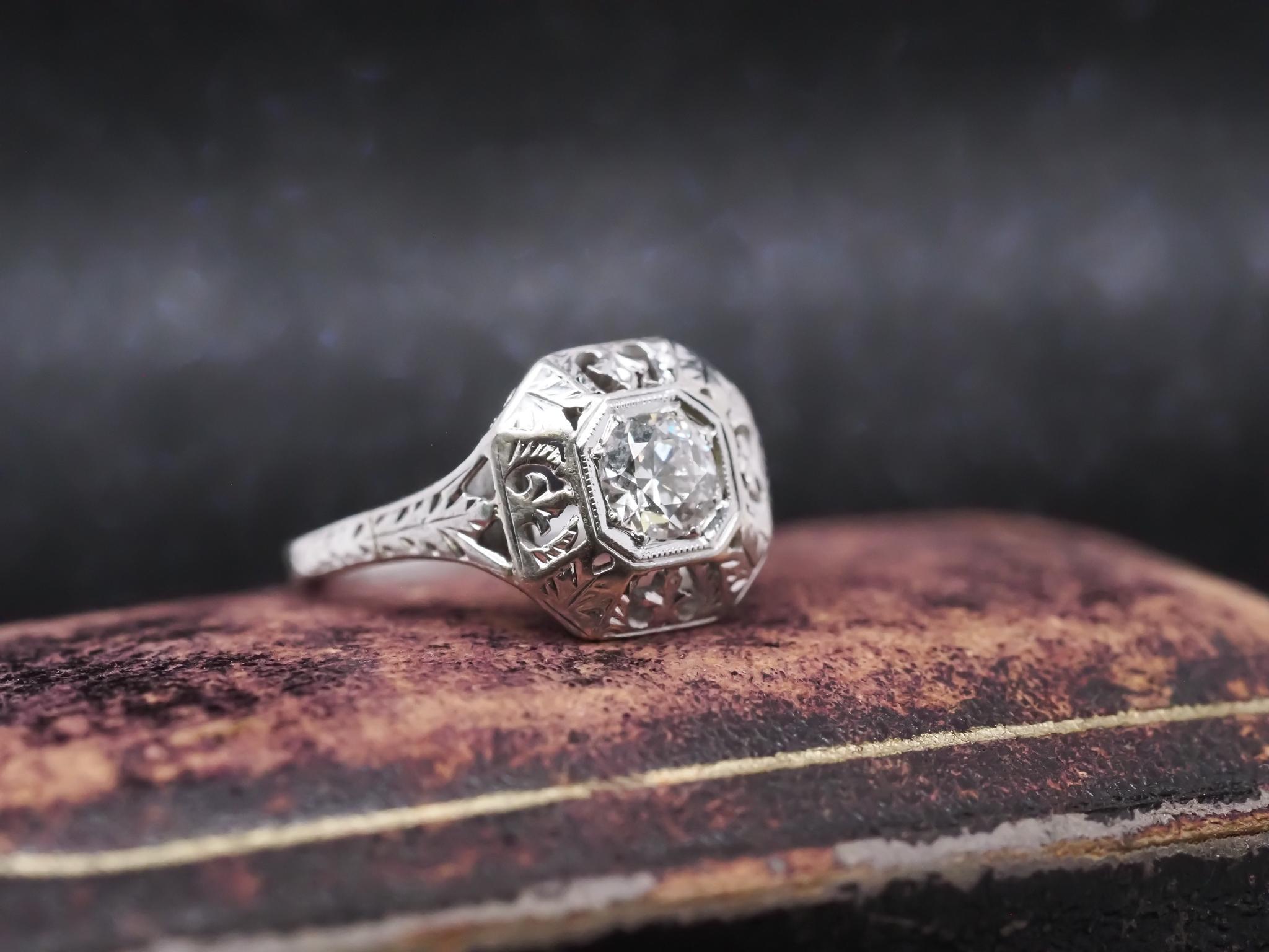 Circa 1930s Art Deco 18K White Gold Old European Diamond Engagement Ring In Good Condition For Sale In Hicksville, NY