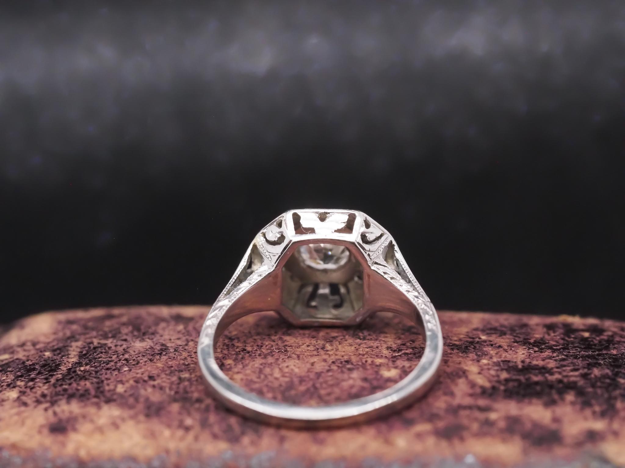 Circa 1930s Art Deco 18K White Gold Old European Diamond Engagement Ring For Sale 1