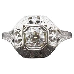 Anillo de Compromiso de Diamantes Viejo Europeo Art Decó de Oro Blanco de 18 quilates de la década de 1930