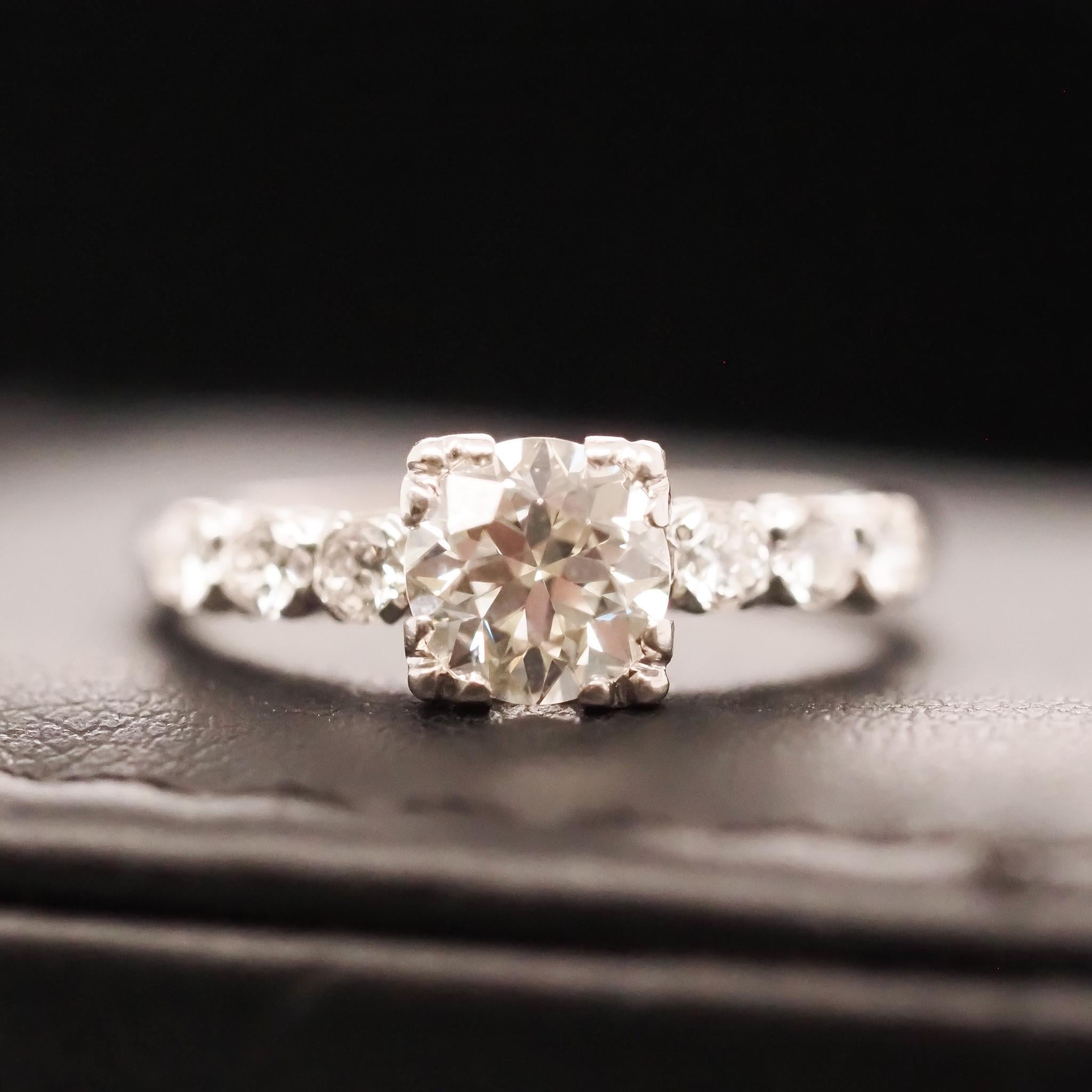 Circa 1930s Art Deco .85ct Old European Brilliant Diamond Engagement Ring For Sale 4