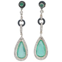 Antique Art Deco Columbian Emerald and Diamond Drop Earrings, Circa 1930