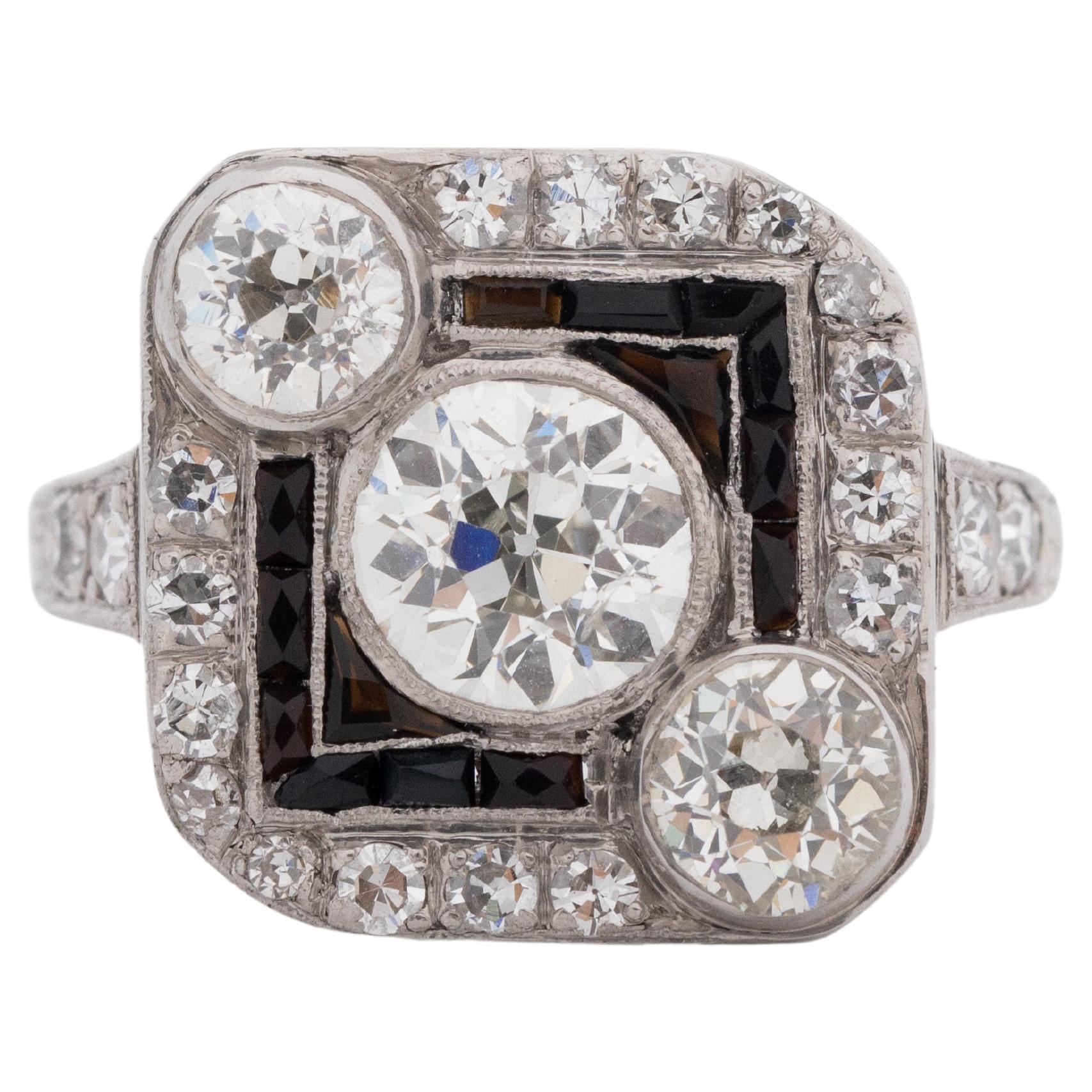 Circa 1930s Art Deco Onyx & Diamond GIA 1.26ct Old European Brilliant Ring For Sale