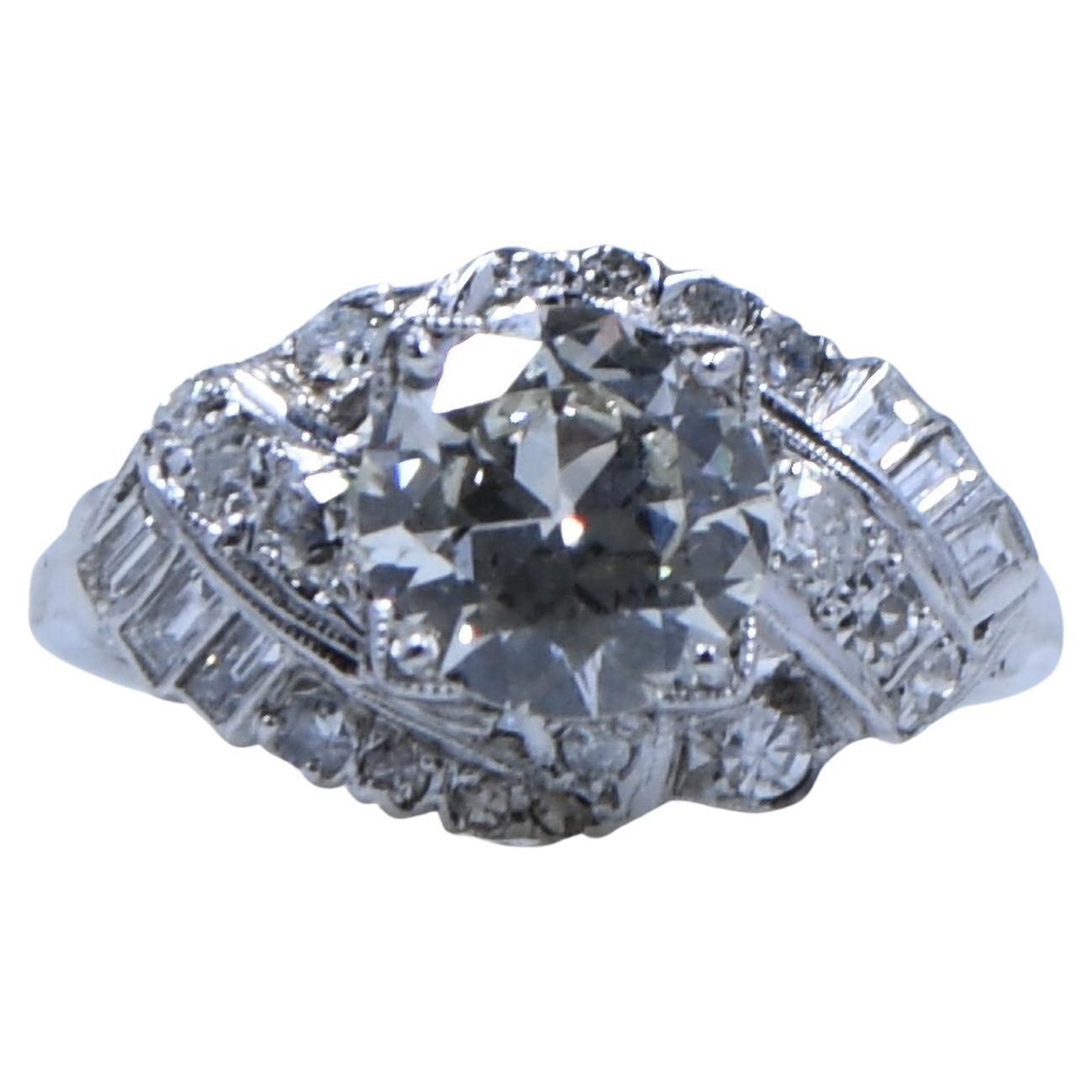 Circa 1930's Art Deco Platinum 1.78Ct Old European Cut Diamond Ring For Sale