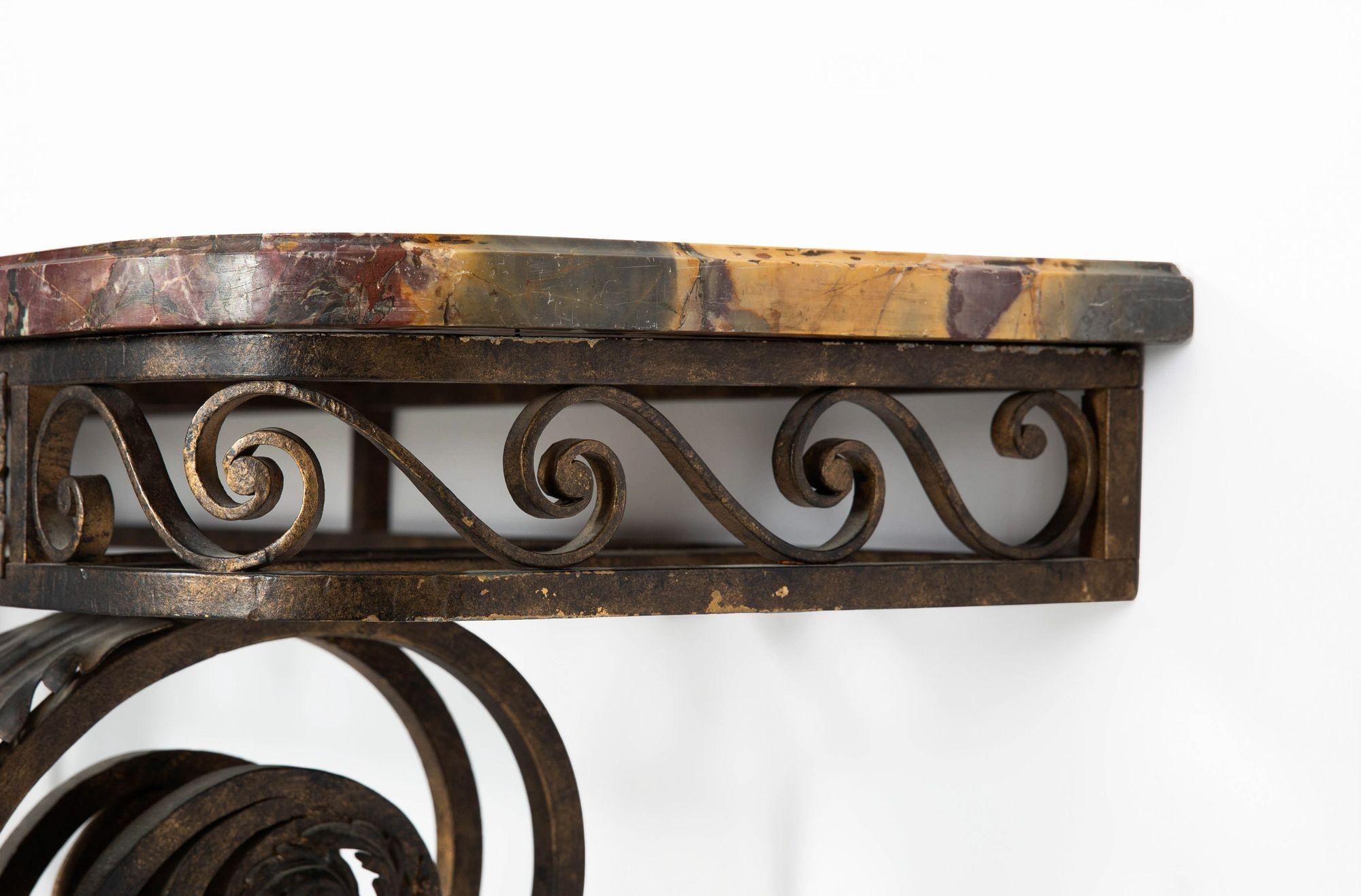Circa 1930s Art Deco Wrought-Iron Marble Console Pier Table For Sale 6