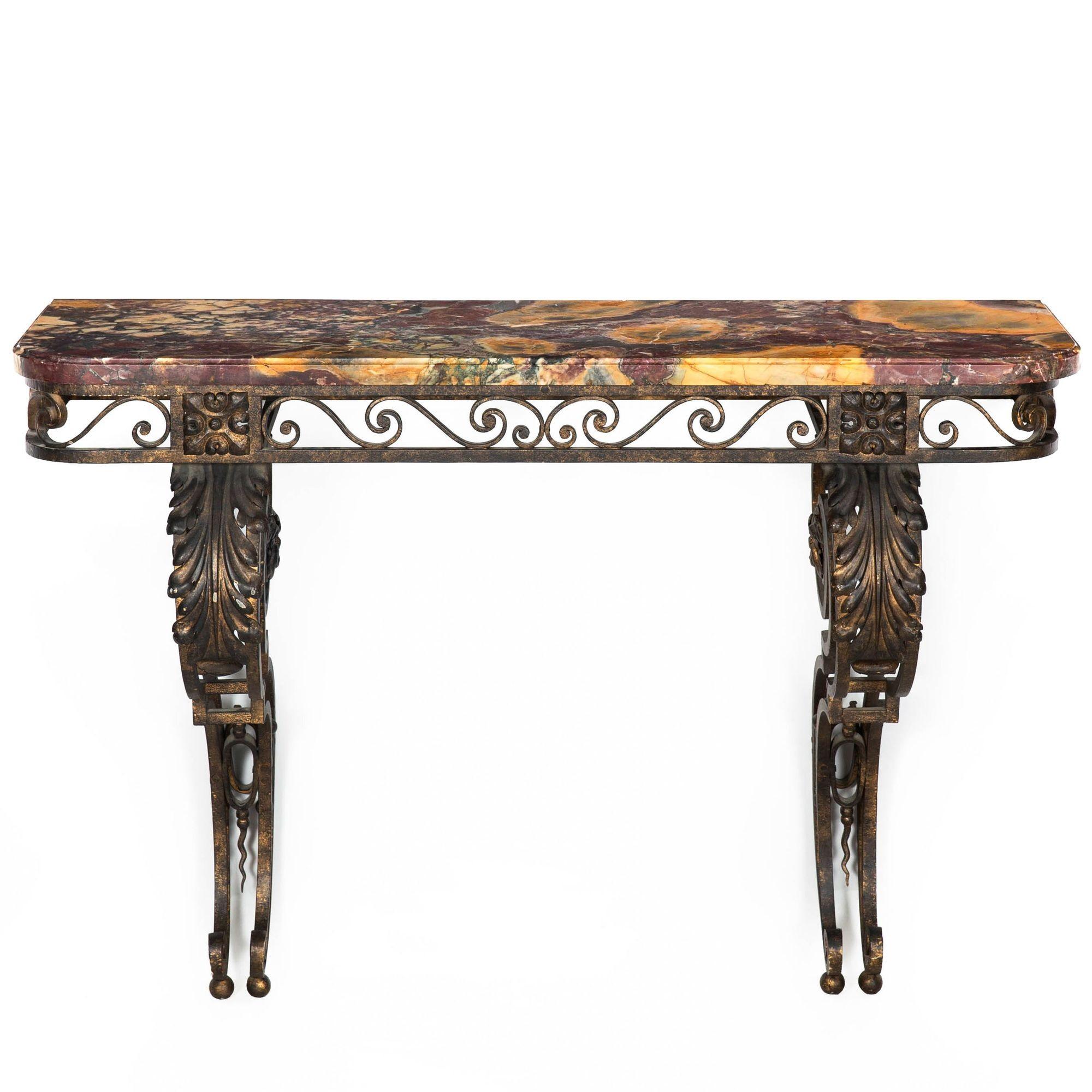 ART DECO PERIOD WROUGHT IRON AND MARBLE TOP CONSOLE TABLE

Probably French, early 20th century

stock ref. 412RXO10P

34 3/8