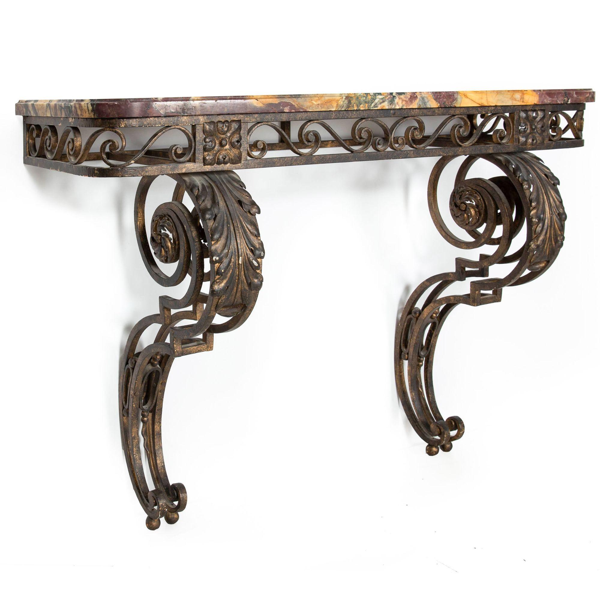 French Circa 1930s Art Deco Wrought-Iron Marble Console Pier Table For Sale