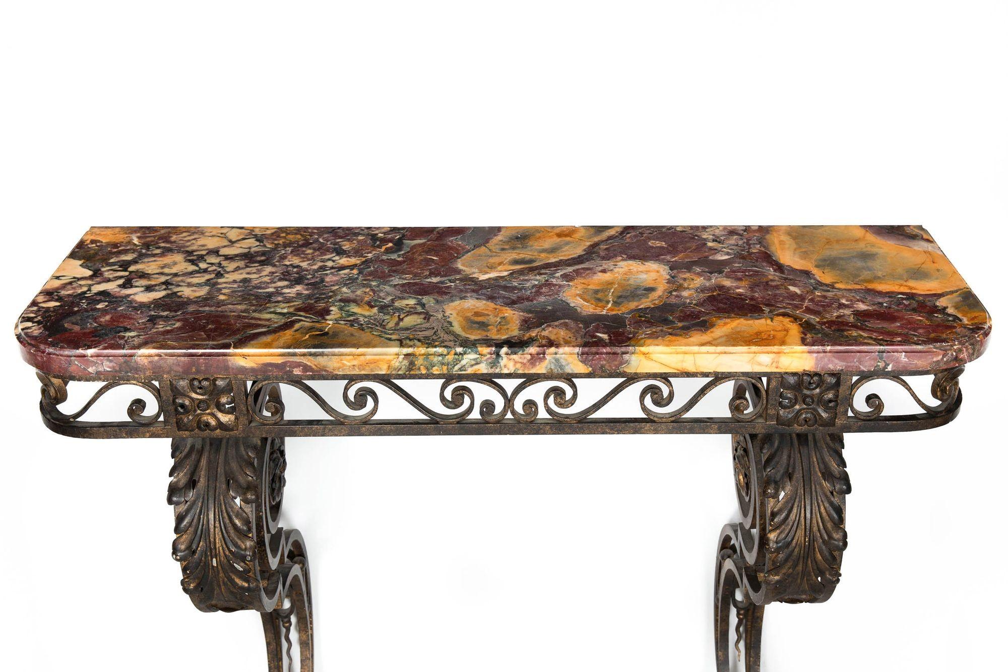 Circa 1930s Art Deco Wrought-Iron Marble Console Pier Table In Good Condition For Sale In Shippensburg, PA