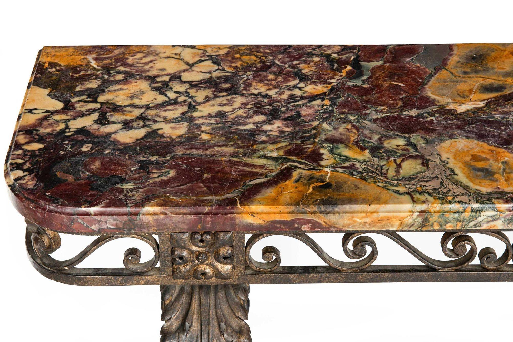 20th Century Circa 1930s Art Deco Wrought-Iron Marble Console Pier Table For Sale