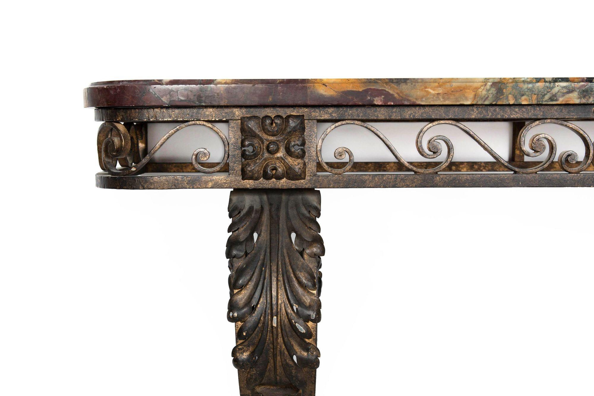 Circa 1930s Art Deco Wrought-Iron Marble Console Pier Table For Sale 1