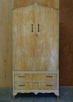 Circa 1930's Bleached Burr Walnut Double Wardrobe Drawers to the Base Part Suite