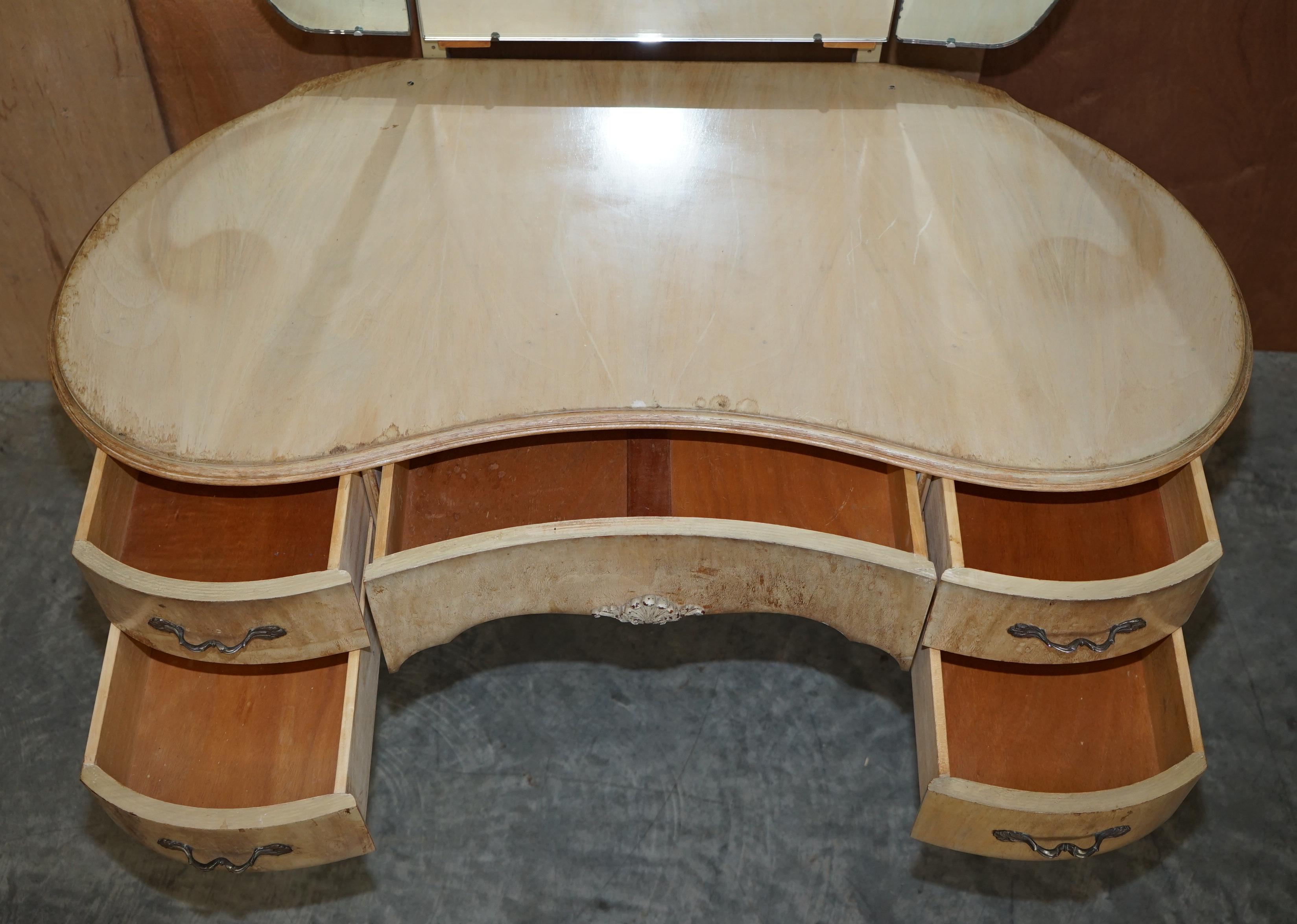 Circa 1930's Bleached Walnut Dressing Table with Tri Fold Mirrors Part of Suite For Sale 3