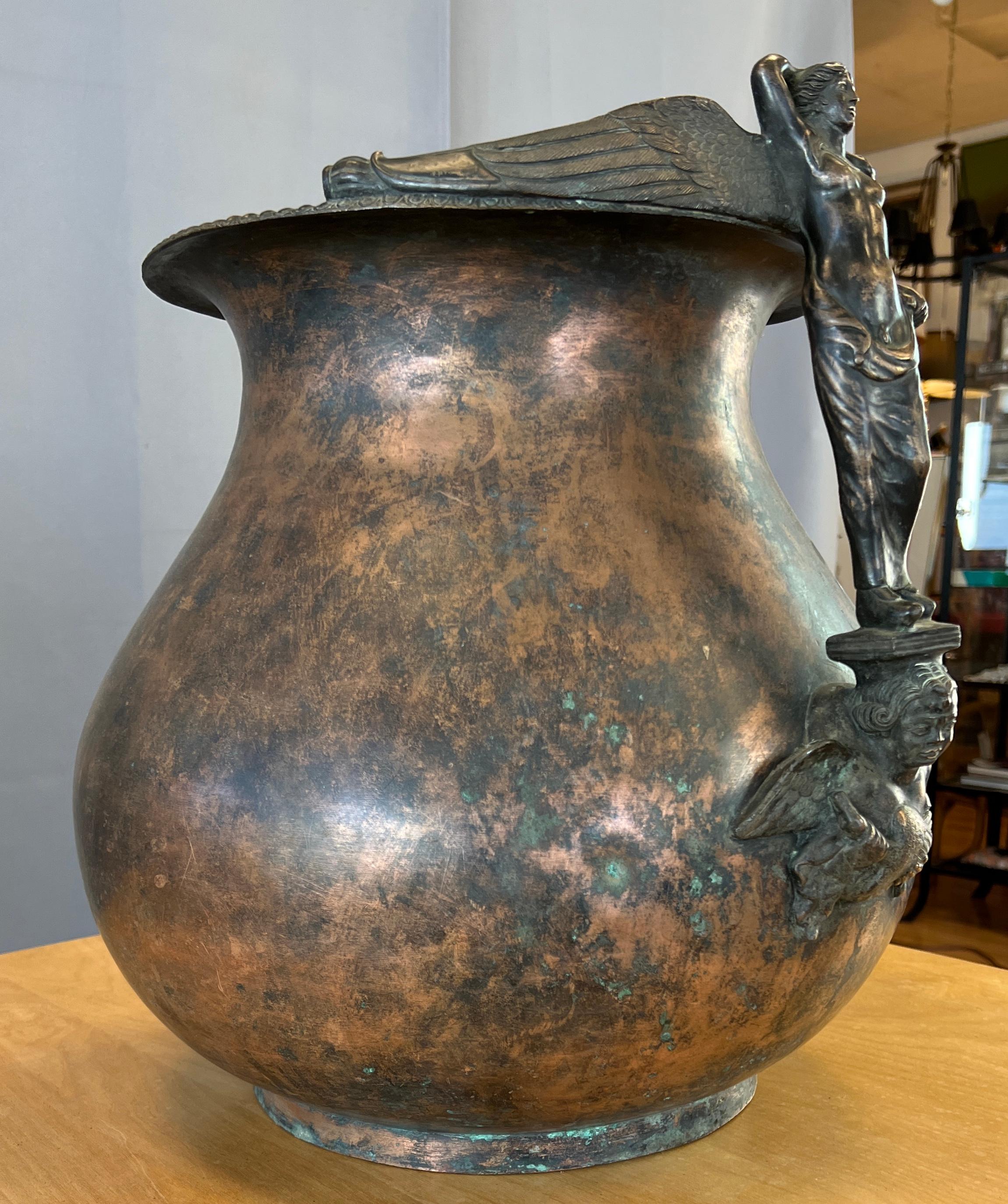 Classical Greek circa 1930s Bronze Urn / Jardinere with a Sculptural Hermaphrodite Handle For Sale