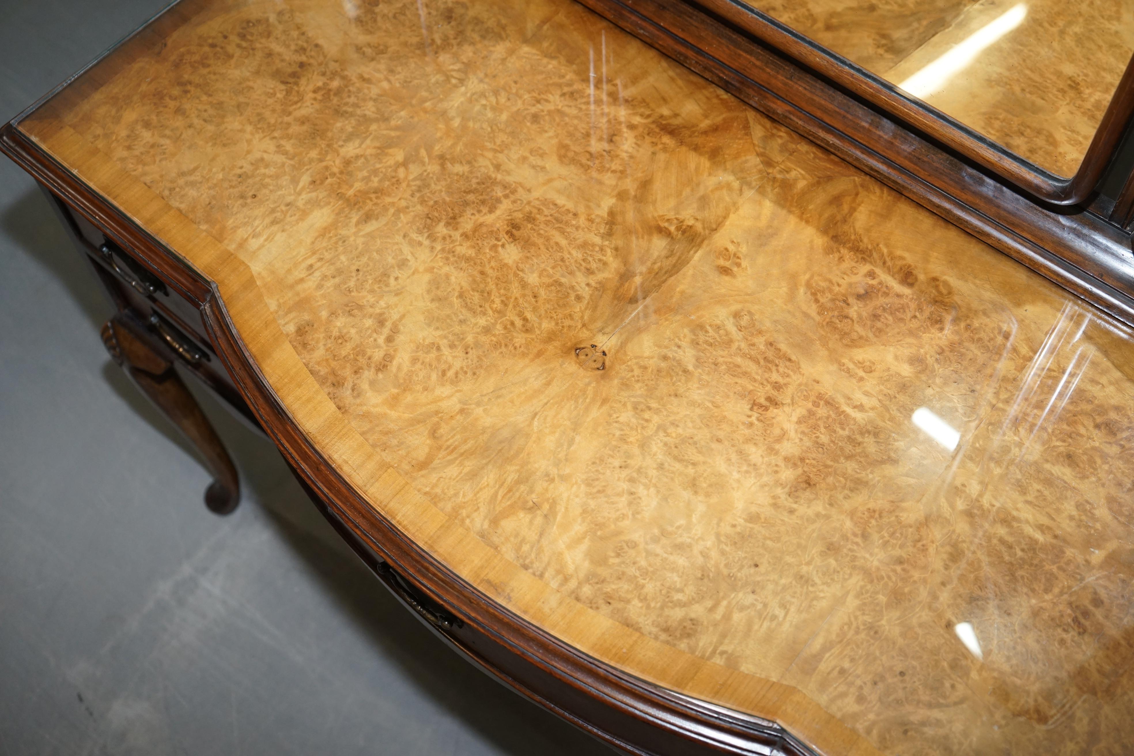 Burr & Burl Walnut Dressing Table with Trifold Mirrors & Glass Top, circa 1930s 2