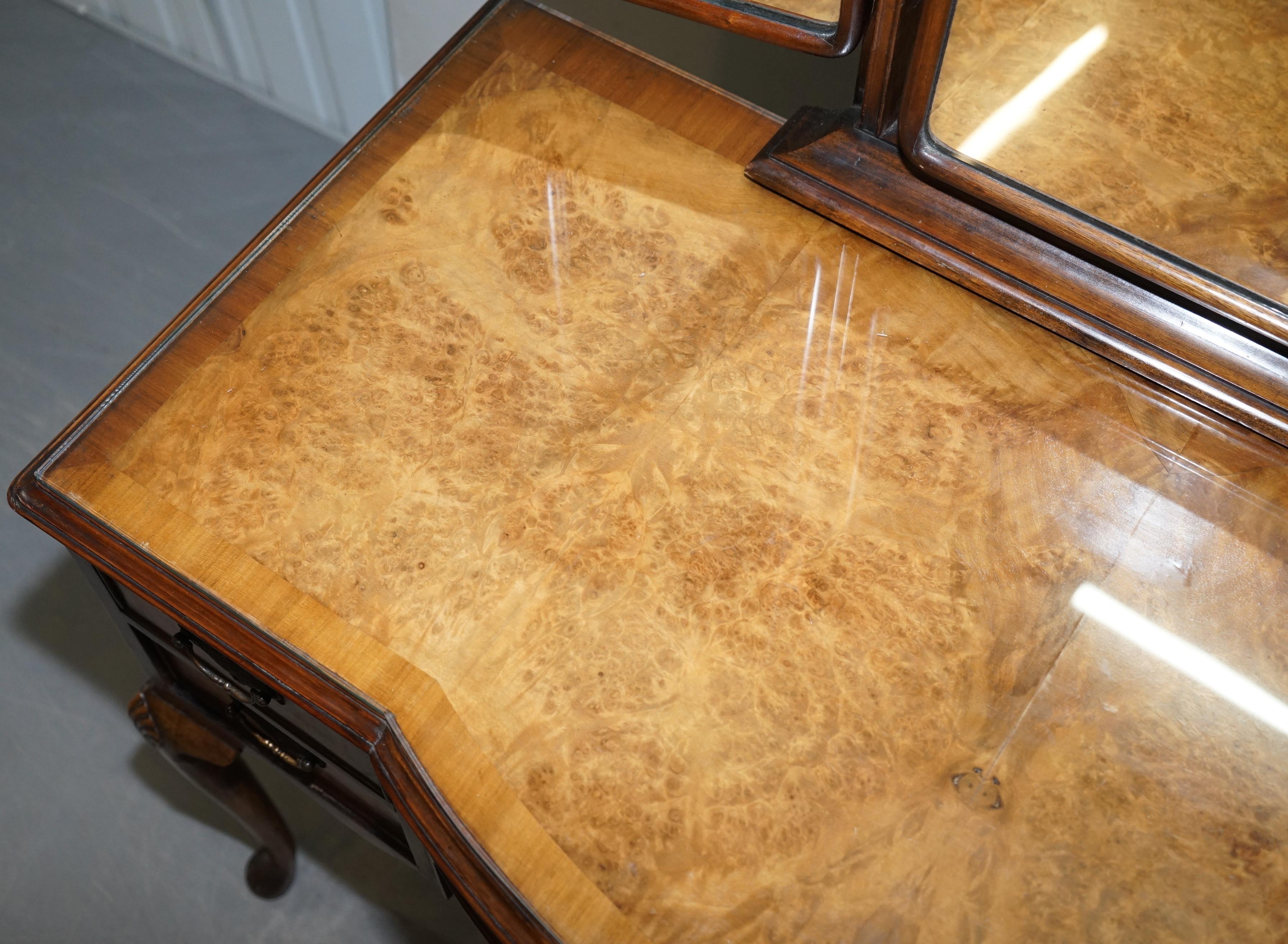 Burr & Burl Walnut Dressing Table with Trifold Mirrors & Glass Top, circa 1930s 3