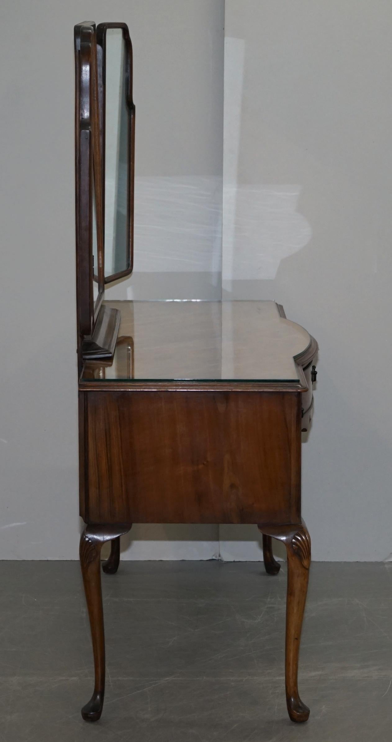 Burr & Burl Walnut Dressing Table with Trifold Mirrors & Glass Top, circa 1930s 6