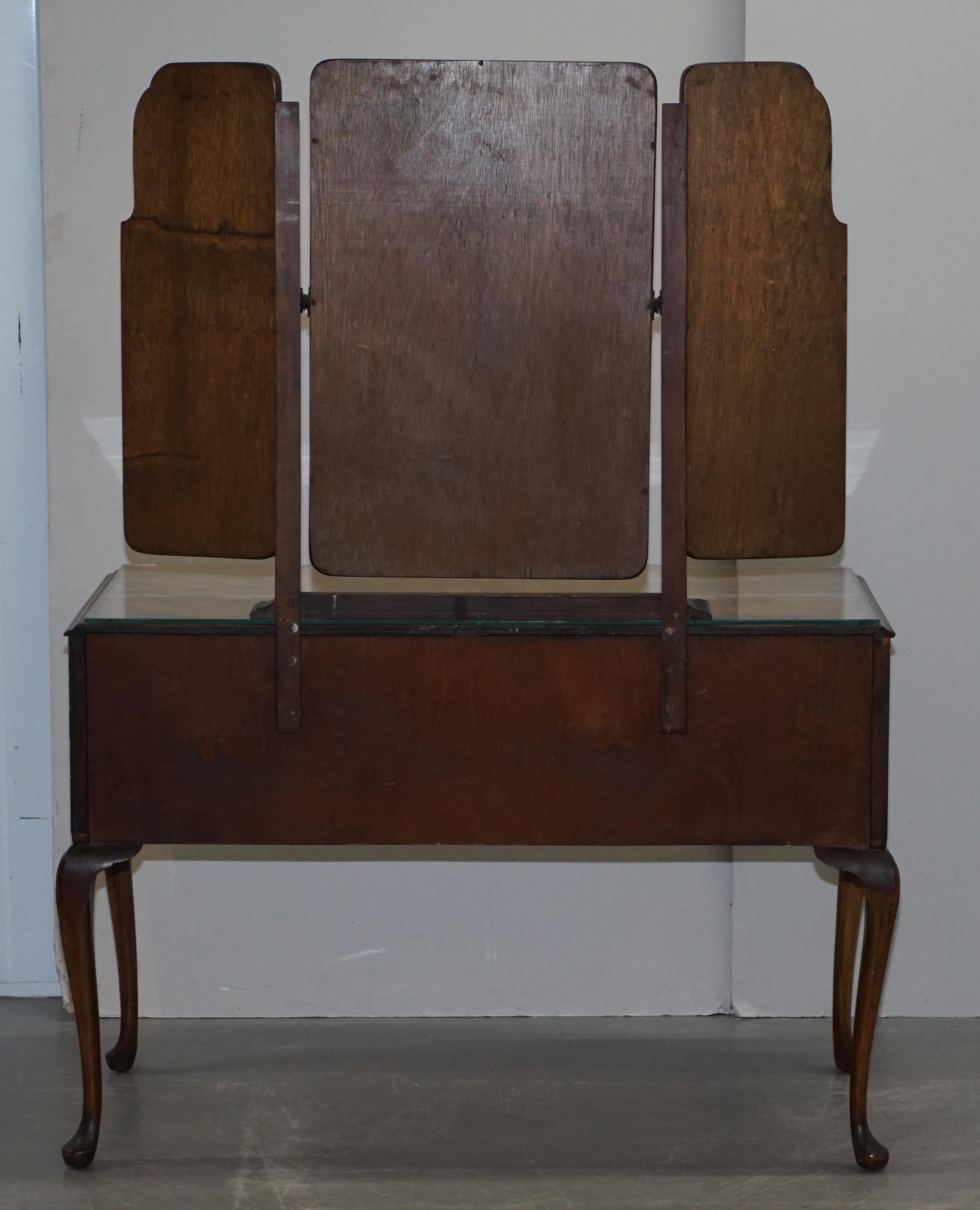 Burr & Burl Walnut Dressing Table with Trifold Mirrors & Glass Top, circa 1930s 8