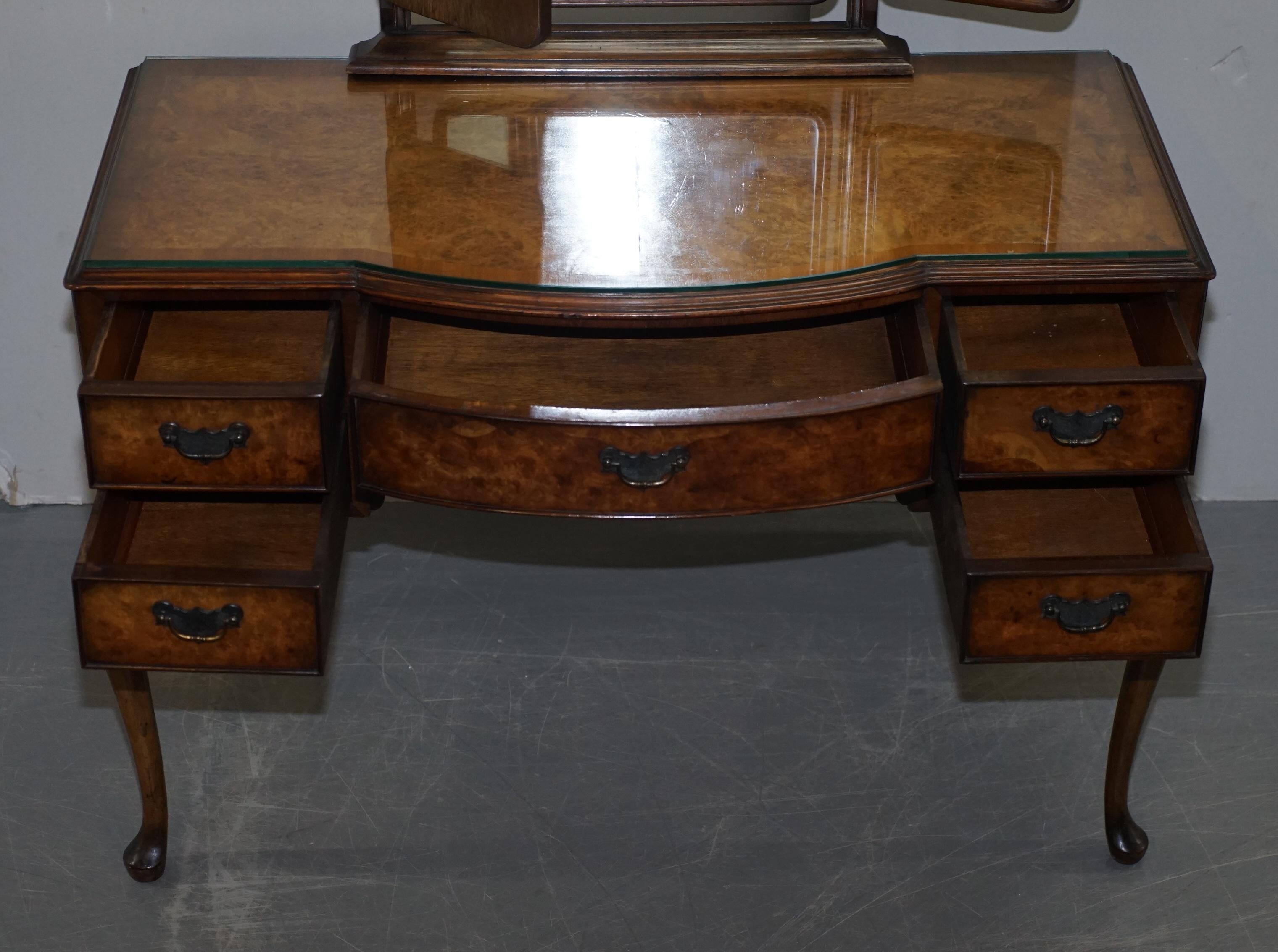 Burr & Burl Walnut Dressing Table with Trifold Mirrors & Glass Top, circa 1930s 9
