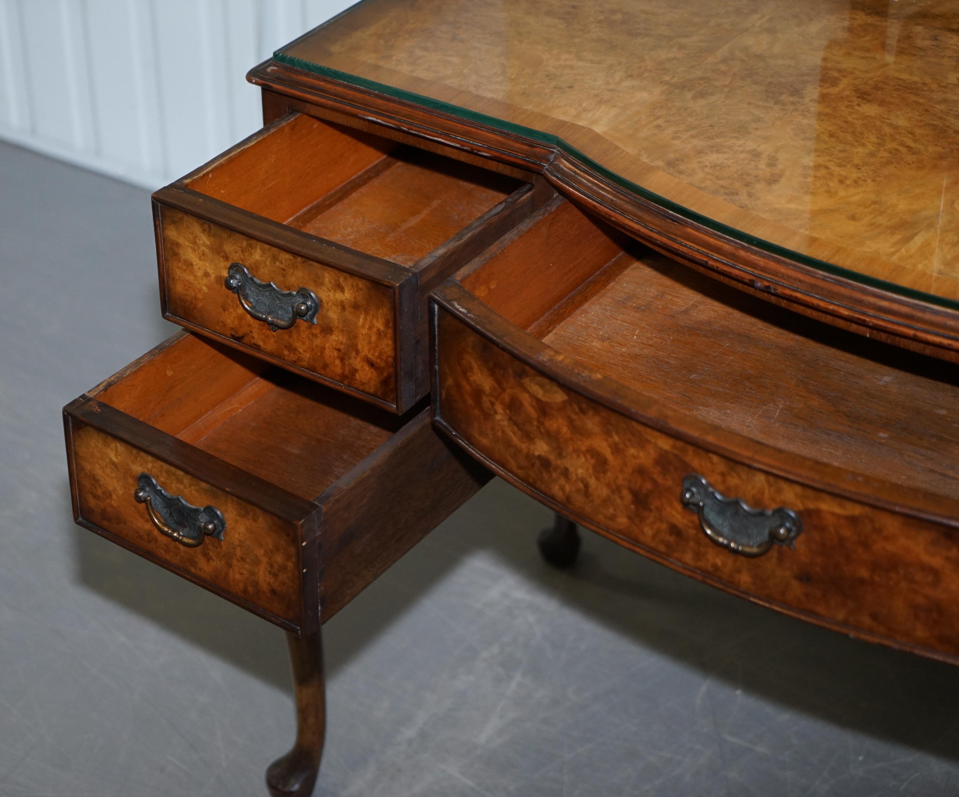 Burr & Burl Walnut Dressing Table with Trifold Mirrors & Glass Top, circa 1930s 10