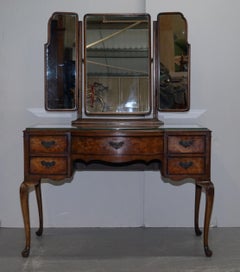 Wurzelholz & Frisiertisch mit Dreifachspiegeln & Glasplatte:: um 1930er Jahre