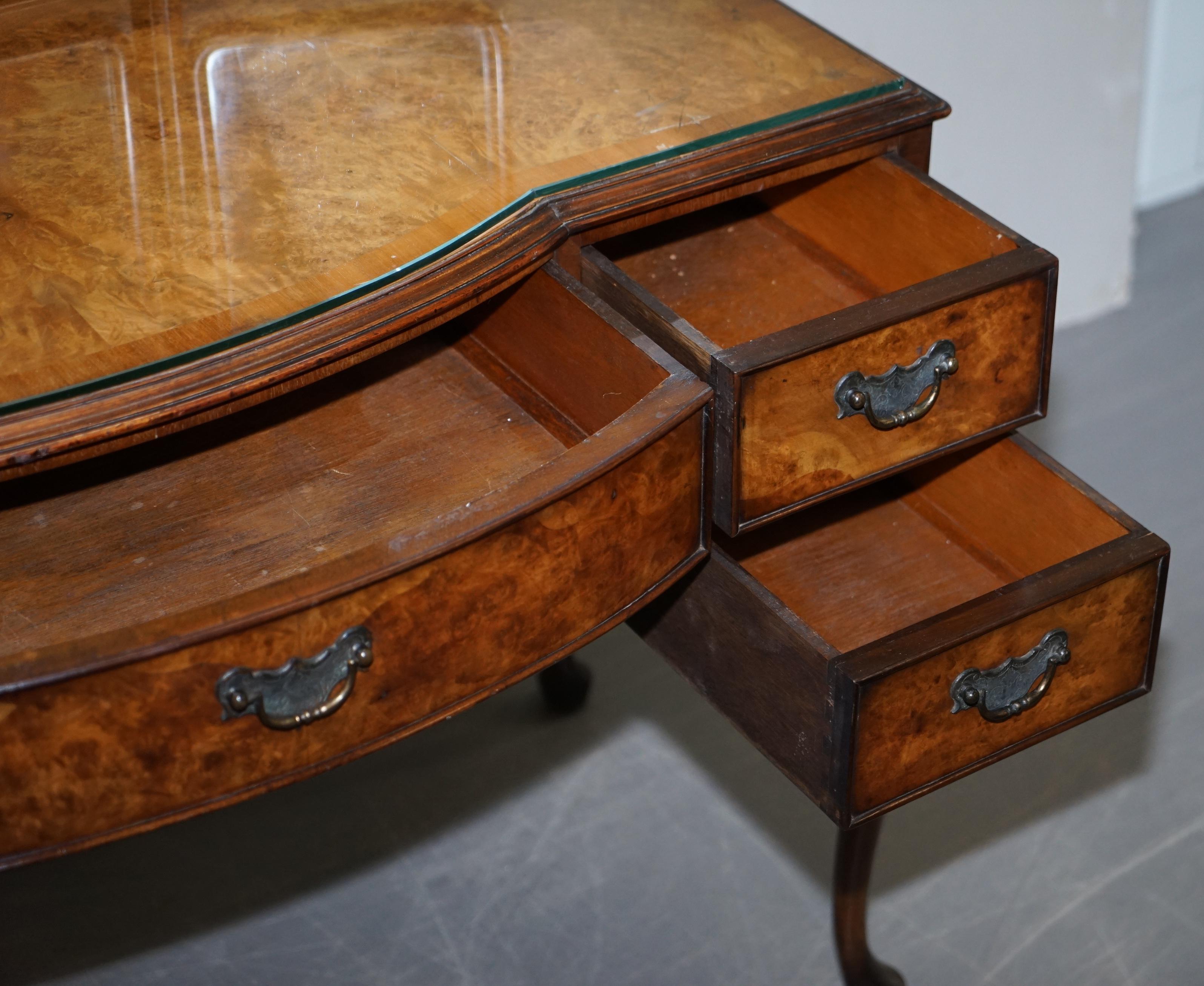 Burr & Burl Walnut Dressing Table with Trifold Mirrors & Glass Top, circa 1930s 11