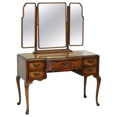 Vintage Burr & Burl Walnut Dressing Table with Trifold Mirrors & Glass Top, circa 1930s