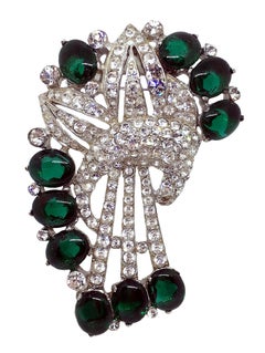 Circa 1930s Coro Emerald Green Cabochon & Rhinestone Brooch/Clip