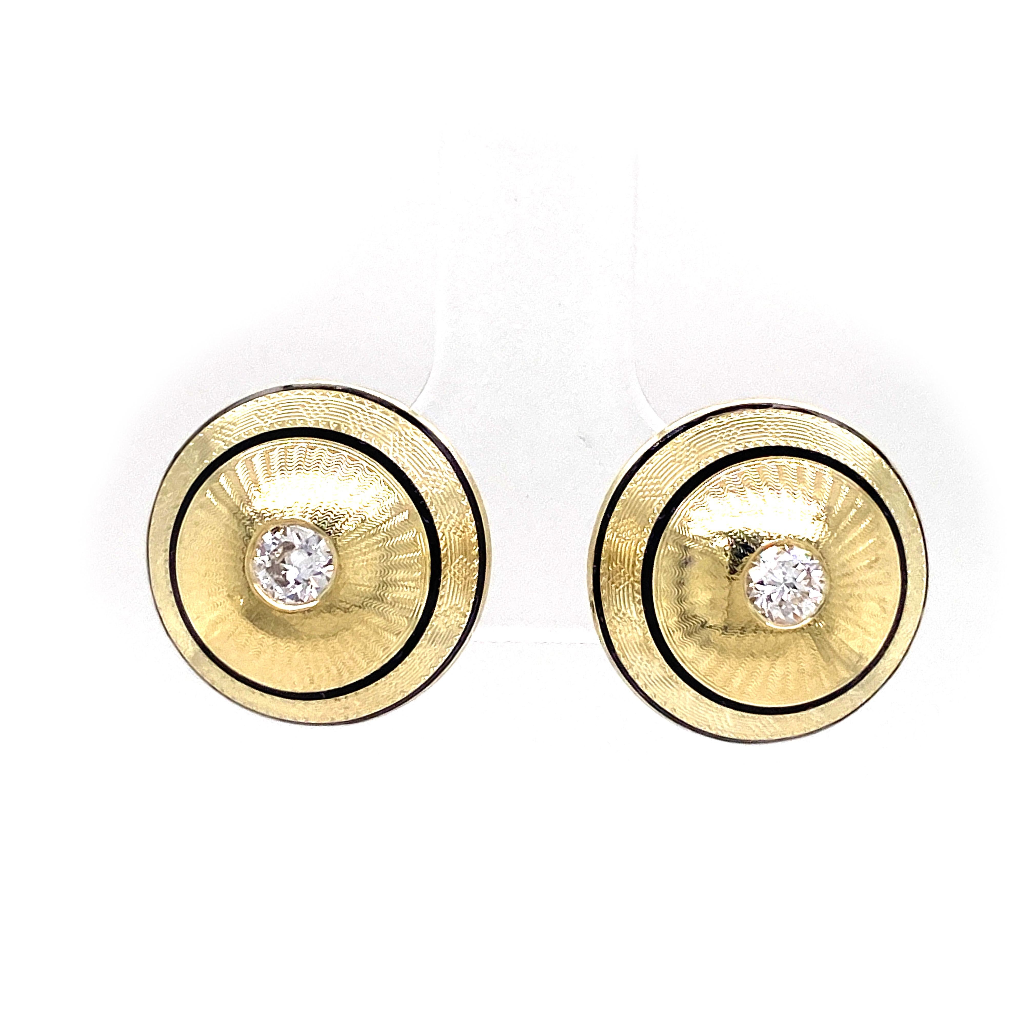 These perky dome-shaped earrings were the fronts of old-fashioned sleeve links -- the type that look like two buttons connected back to back.  The back pieces look exactly the same, except they don't have diamonds.  (We made those into earrings