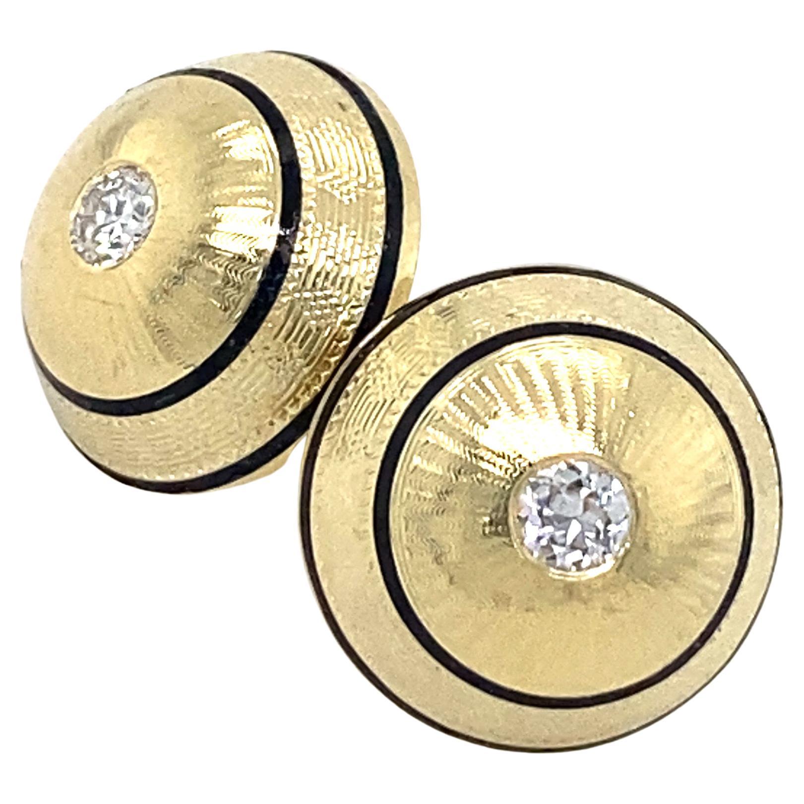 Diamond Dome Cufflinks Converted to Post Earrings in Yellow Gold with Enamel For Sale
