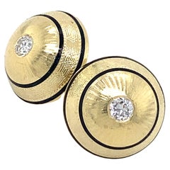 Diamond Dome Cufflinks Converted to Post Earrings in Yellow Gold with Enamel
