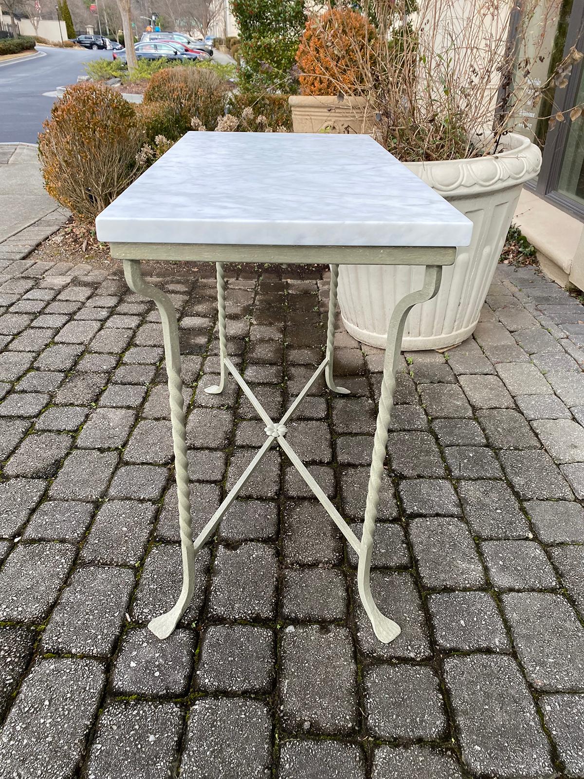 Custom Painted Iron Conservatory Table or Console, White Carrara Top circa 1930s 6