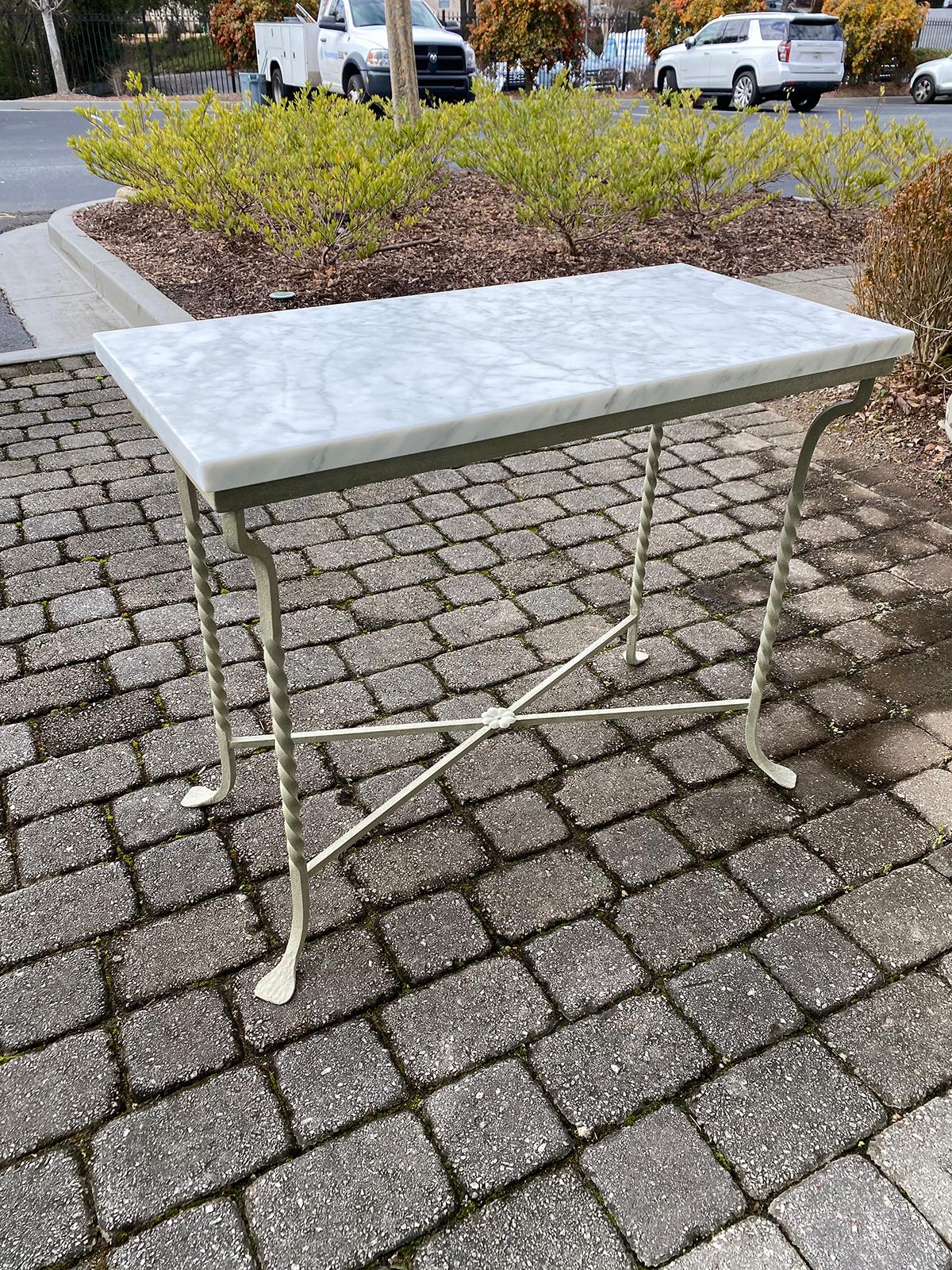 Custom Painted Iron Conservatory Table or Console, White Carrara Top circa 1930s 7
