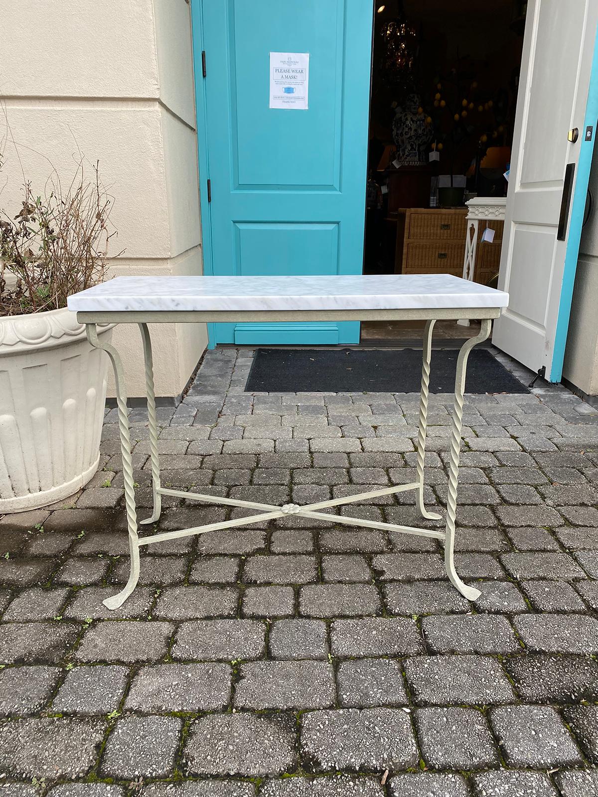 20th century circa 1930s custom painted iron conservatory table or console with white Carrara marble top.